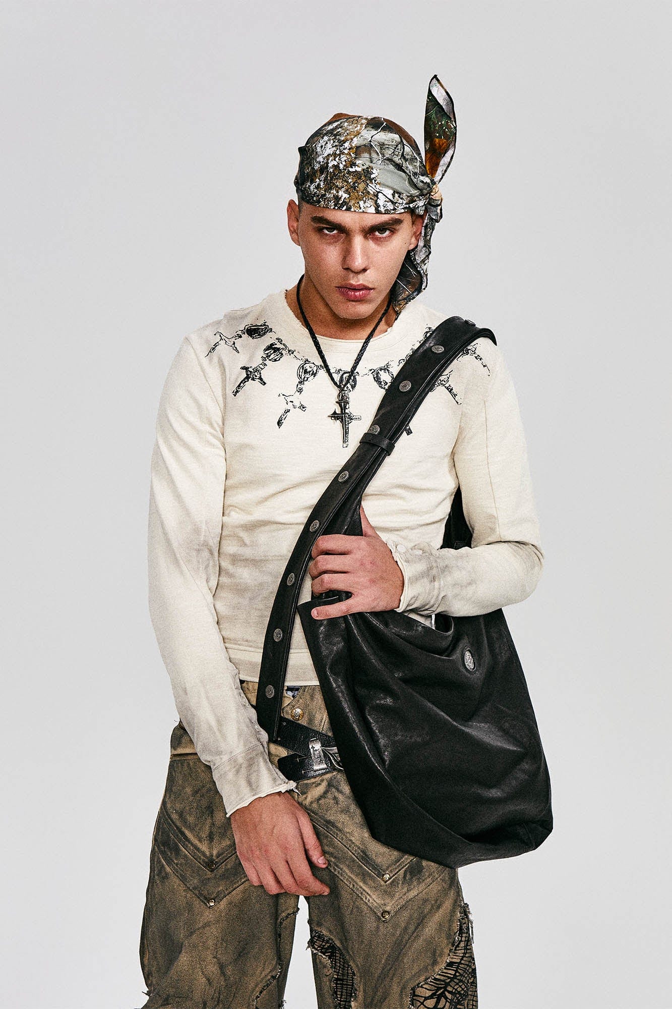 FLYERRER Distressed Cross Chain Graphic Long-Sleeve Tee, premium urban and streetwear designers apparel on PROJECTISR.com, FLYERRER