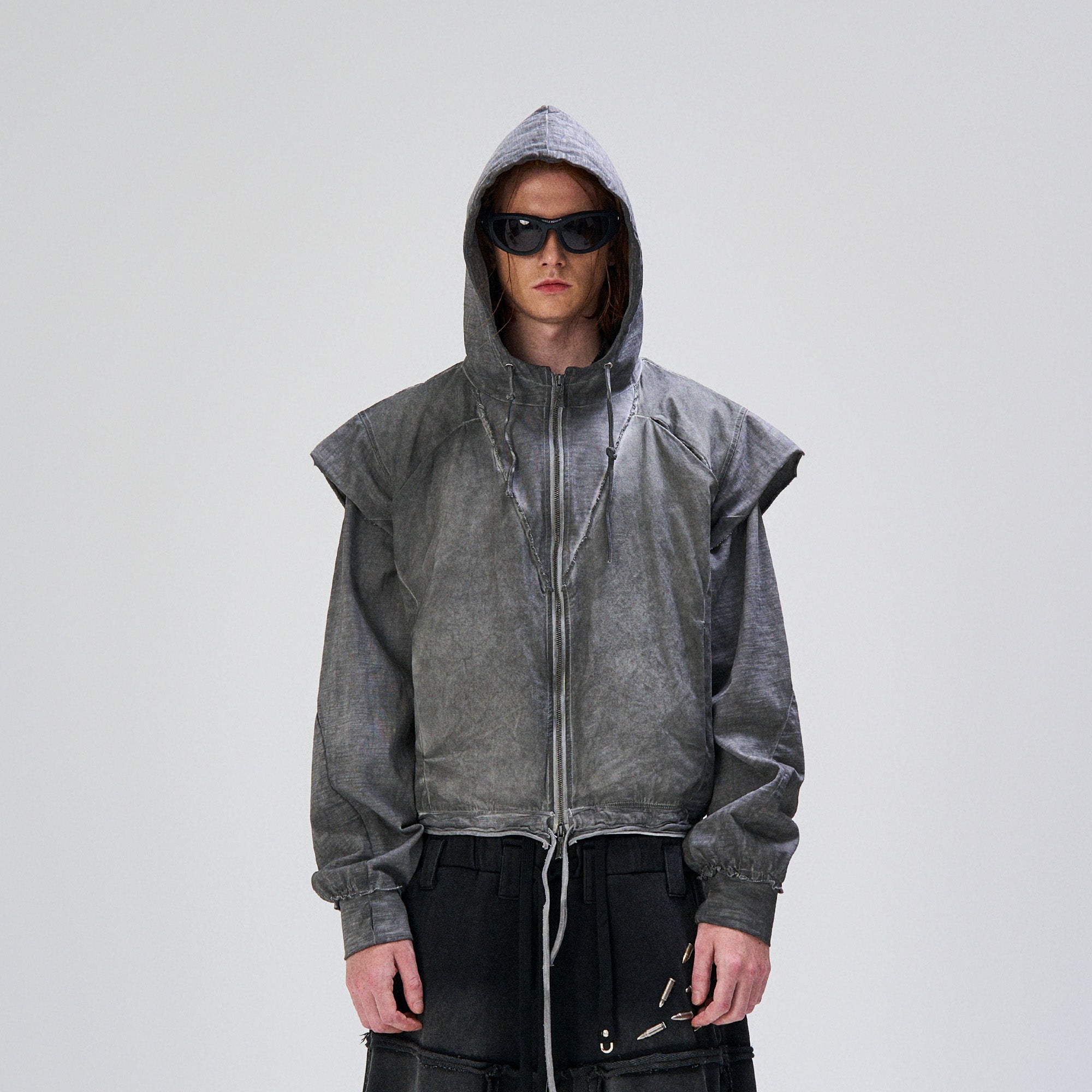 FLYERRER Distressed Layered Drawstring Hooded Jacket, premium urban and streetwear designers apparel on PROJECTISR.com, FLYERRER