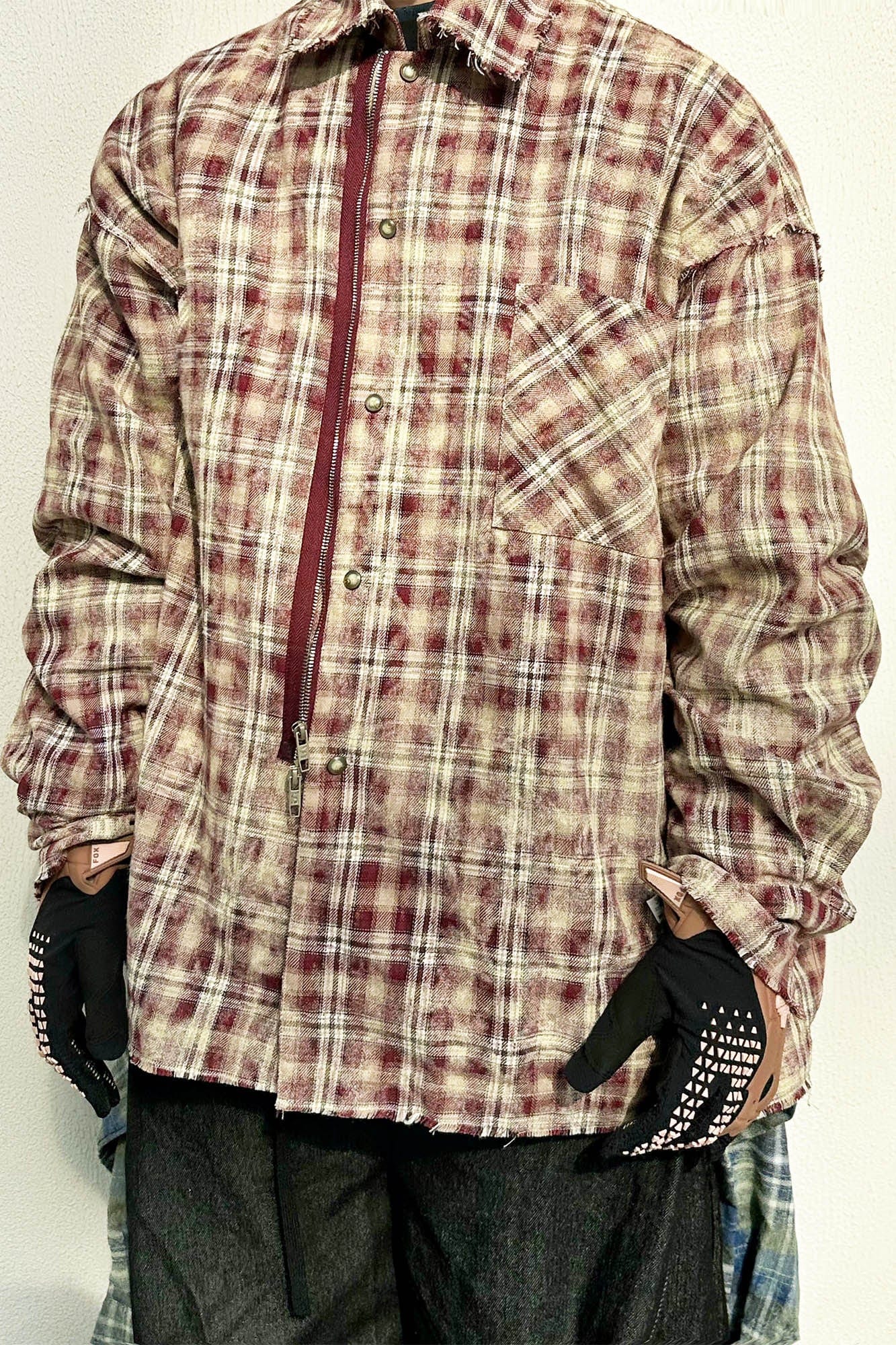 RELABEL Tie-dye Plaid Dual Closure Frayed Shirt, premium urban and streetwear designers apparel on PROJECTISR.com, RELABEL