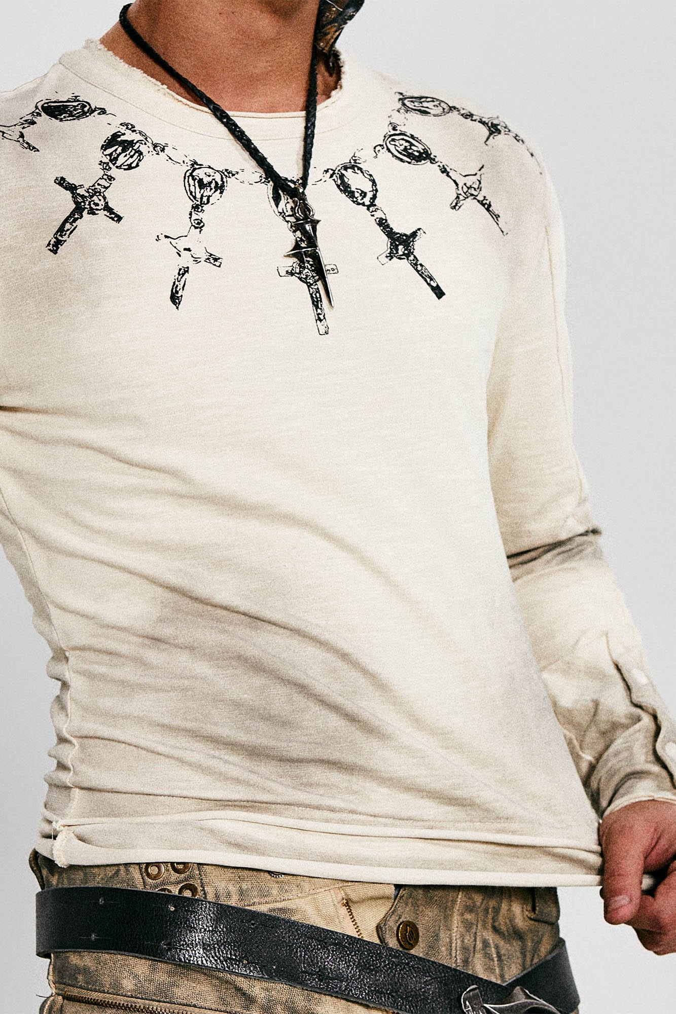 FLYERRER Distressed Cross Chain Graphic Long-Sleeve Tee, premium urban and streetwear designers apparel on PROJECTISR.com, FLYERRER