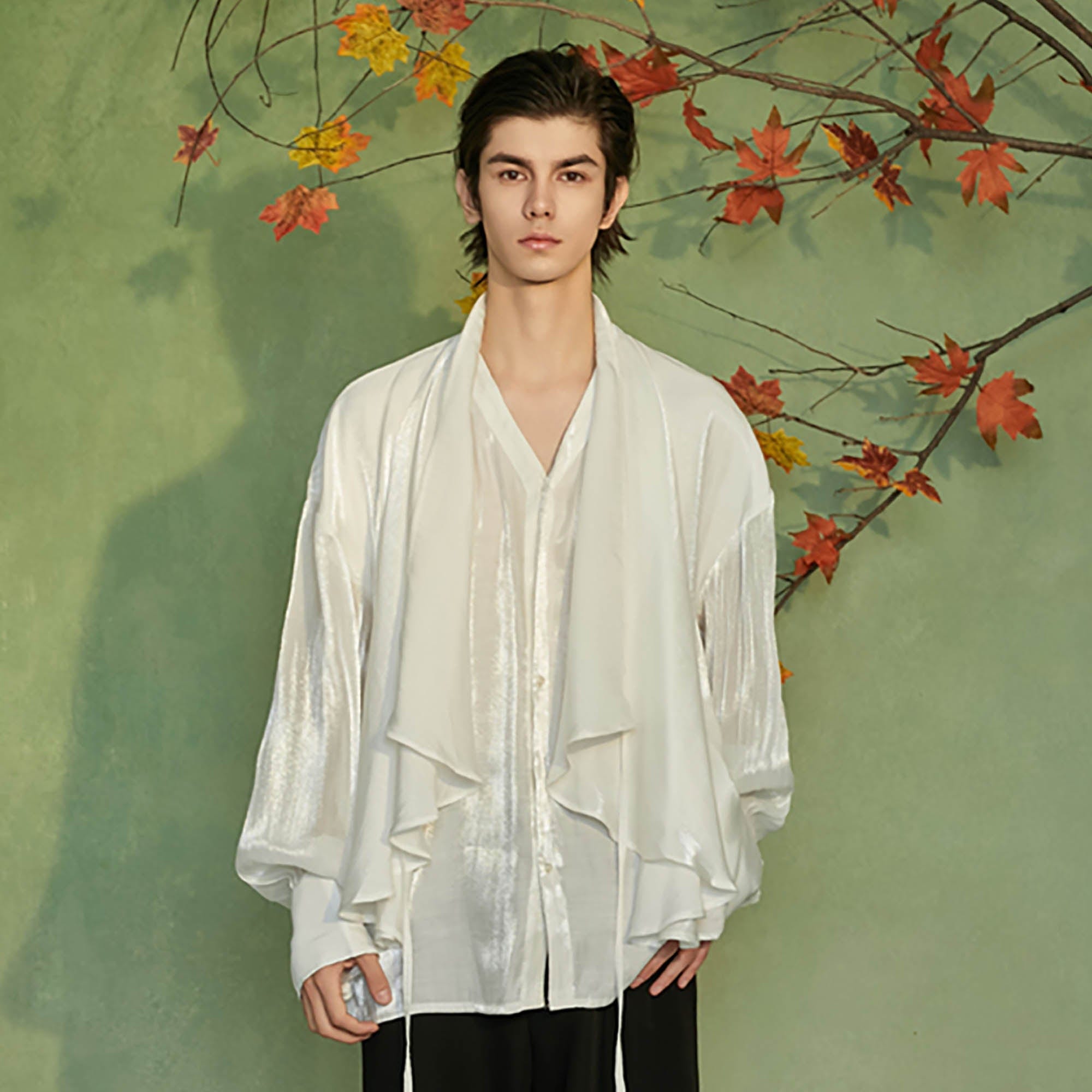 JIECHI Draped Cape Satin Shirt, premium urban and streetwear designers apparel on PROJECTISR.com, JIECHI