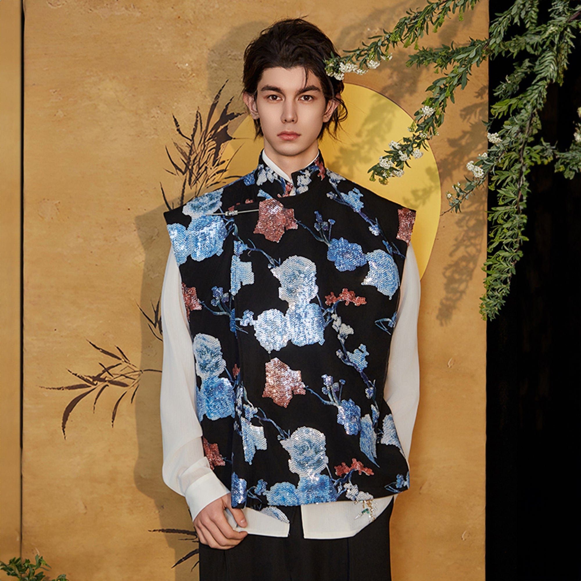 JIECHI Sequin Floral Embroidered Mandarin Collar Vest, premium urban and streetwear designers apparel on PROJECTISR.com, JIECHI
