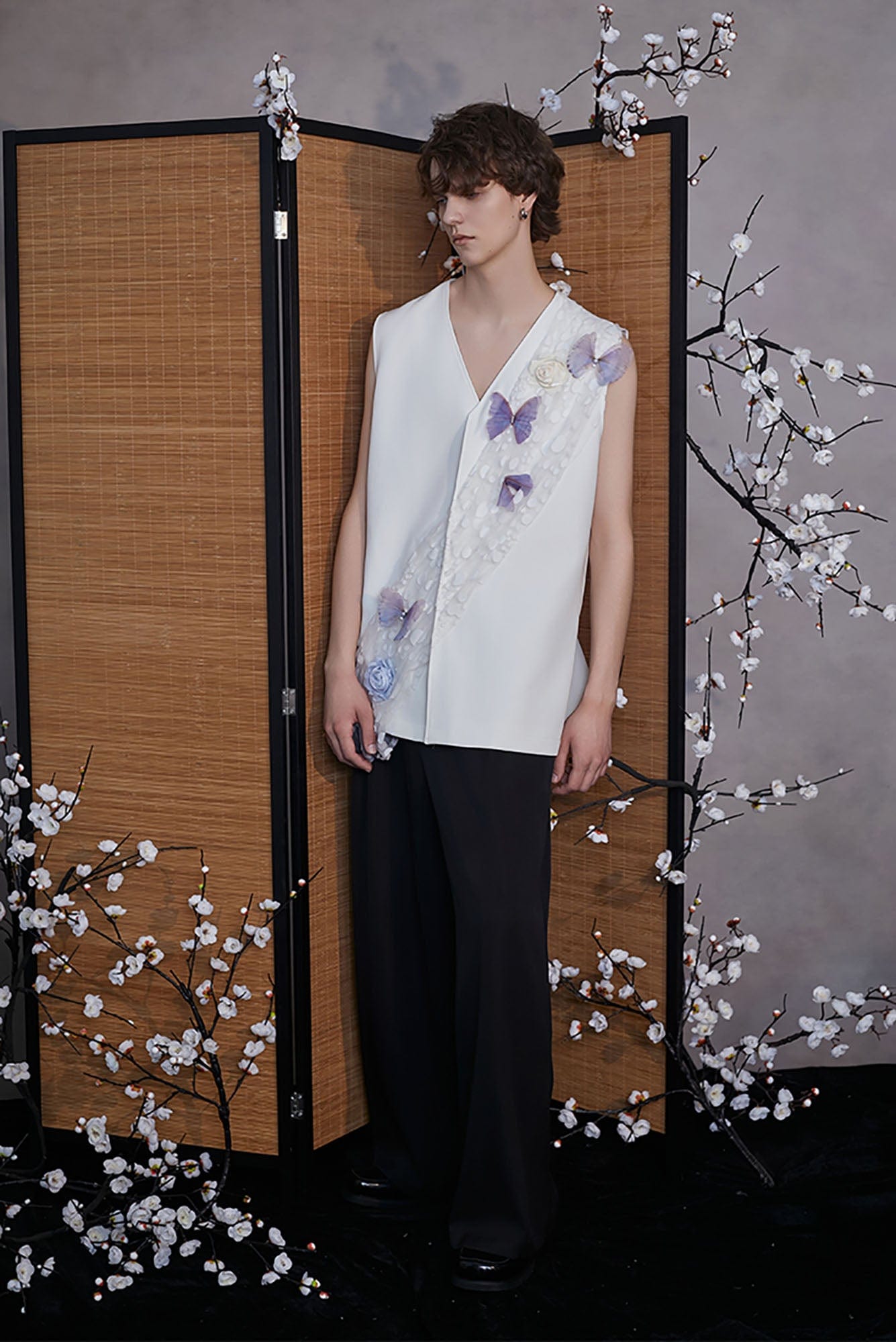 JIECHI Butterfly&Floral Asymmetrical Sheer V-Neck Vest, premium urban and streetwear designers apparel on PROJECTISR.com, JIECHI