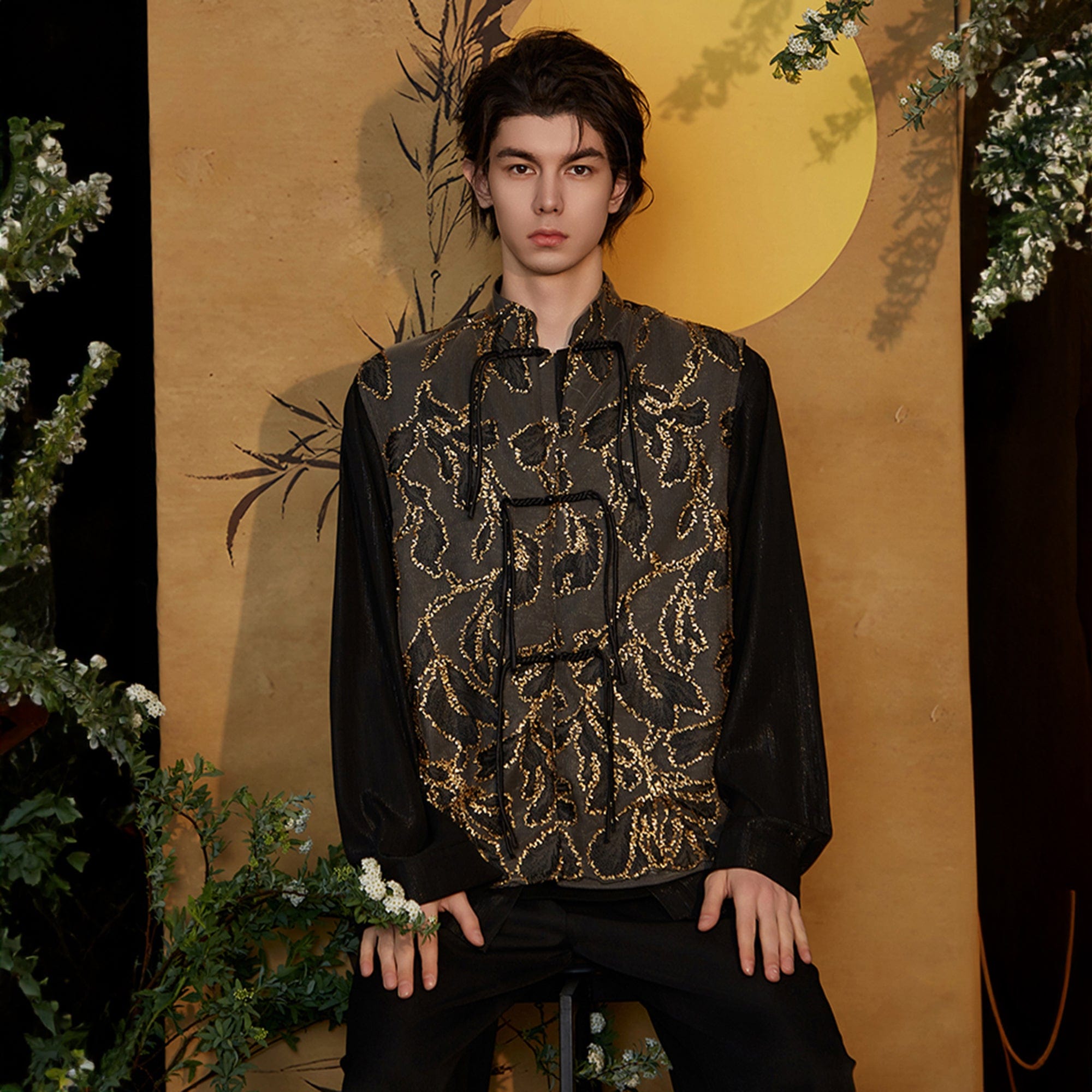 JIECHI Embroidered Metallic Jacquard Frog Button Shirt, premium urban and streetwear designers apparel on PROJECTISR.com, JIECHI
