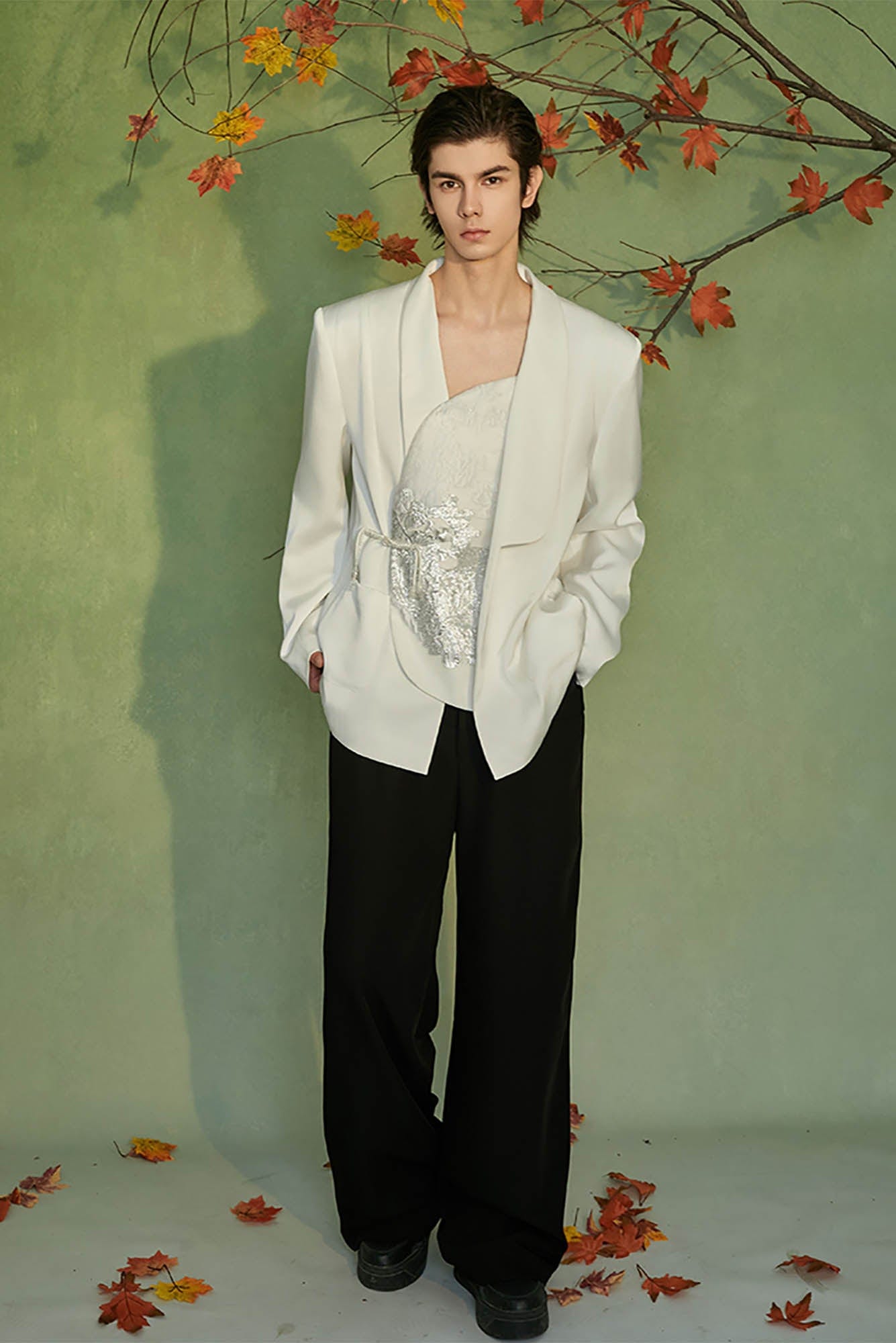 JIECHI Asymmetrical Curved Placket Jacquard Blazer, premium urban and streetwear designers apparel on PROJECTISR.com, JIECHI