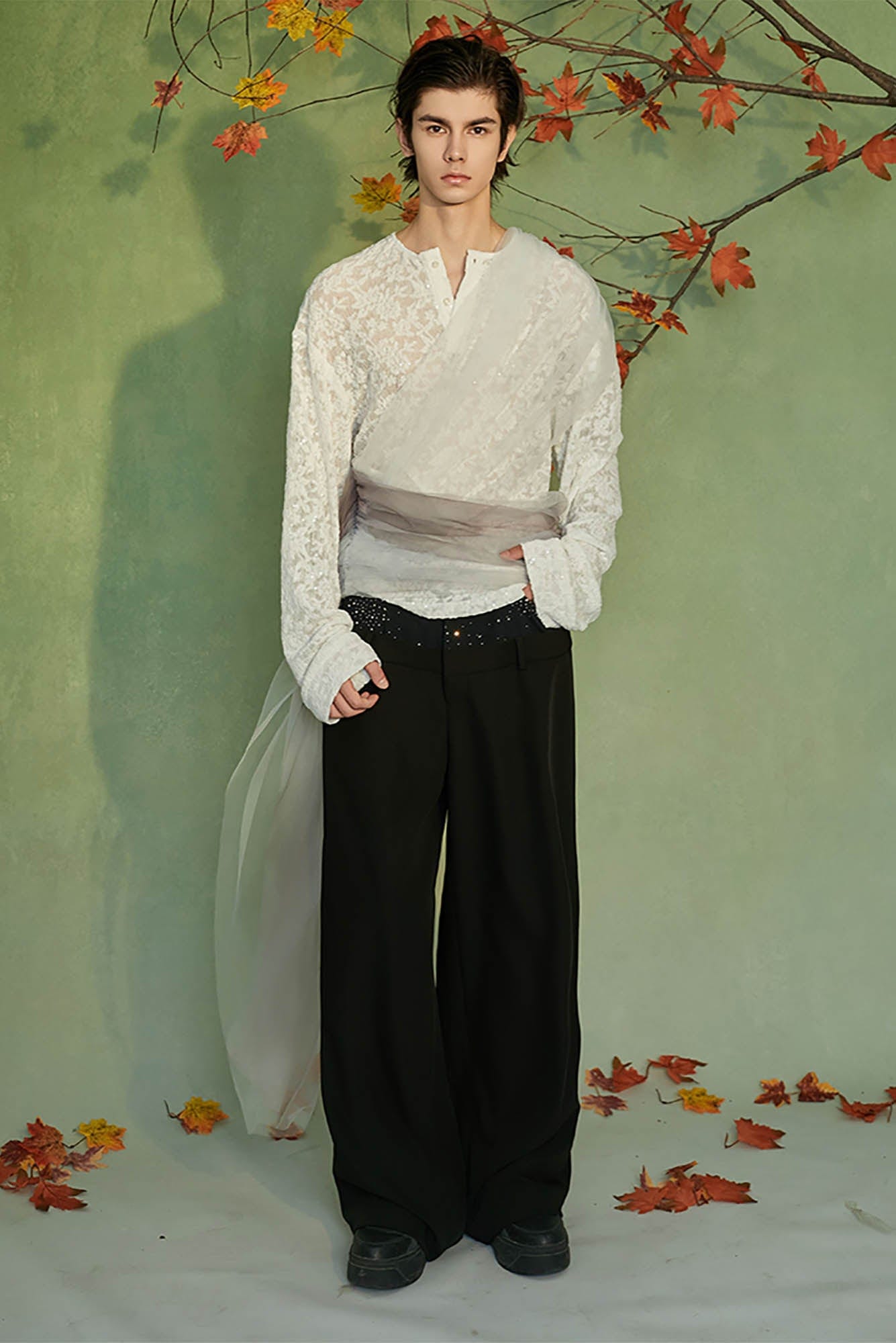 JIECHI Layered Sheer Wrap Lace Henley Shirt, premium urban and streetwear designers apparel on PROJECTISR.com, JIECHI