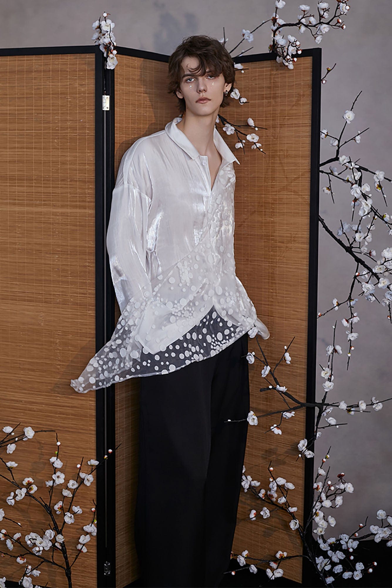 JIECHI Dots Tulle Drape Iridescent Shirt, premium urban and streetwear designers apparel on PROJECTISR.com, JIECHI