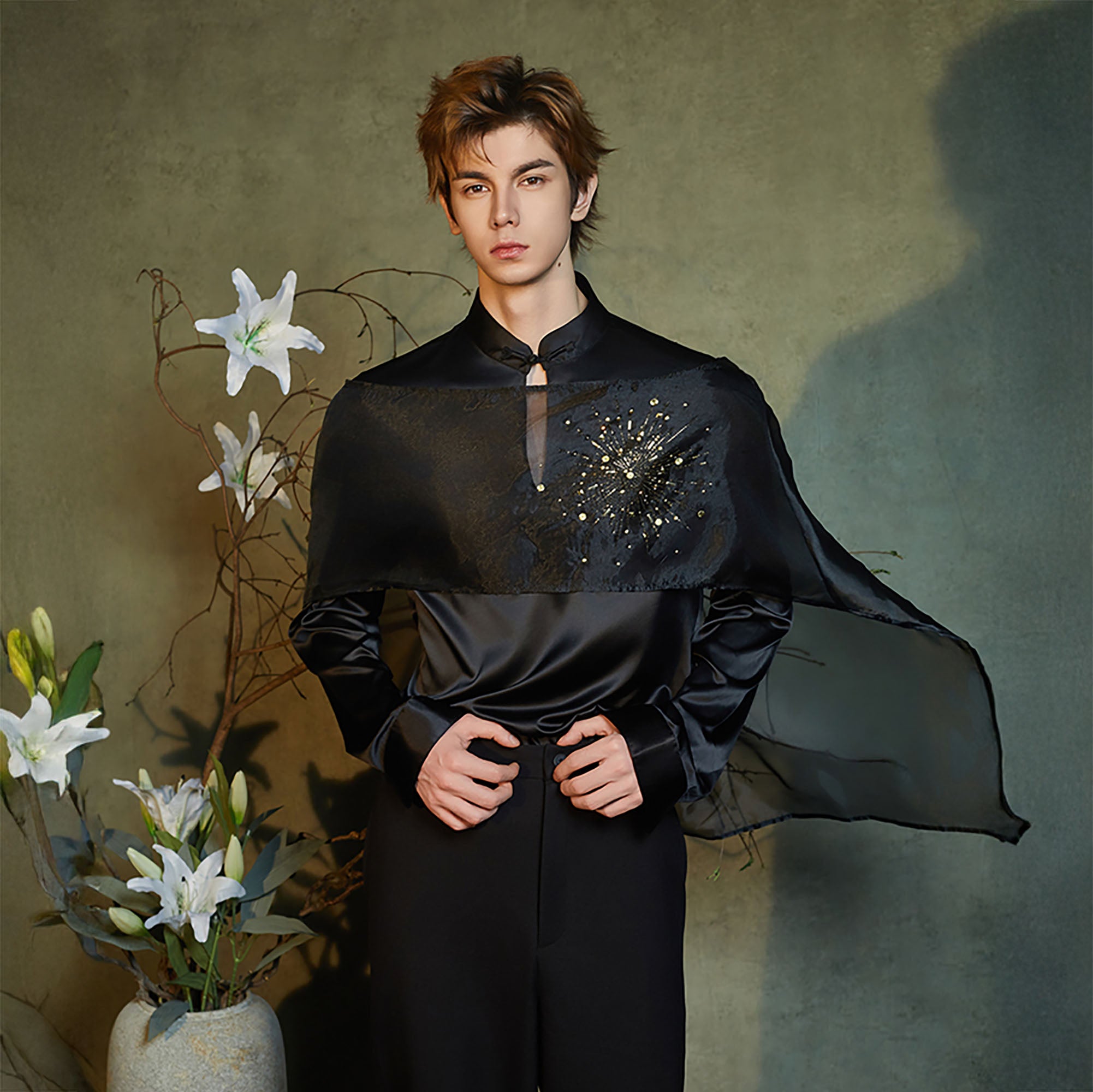 JIECHI Star Embellished Mandarin Collar Shirt, premium urban and streetwear designers apparel on PROJECTISR.com, JIECHI