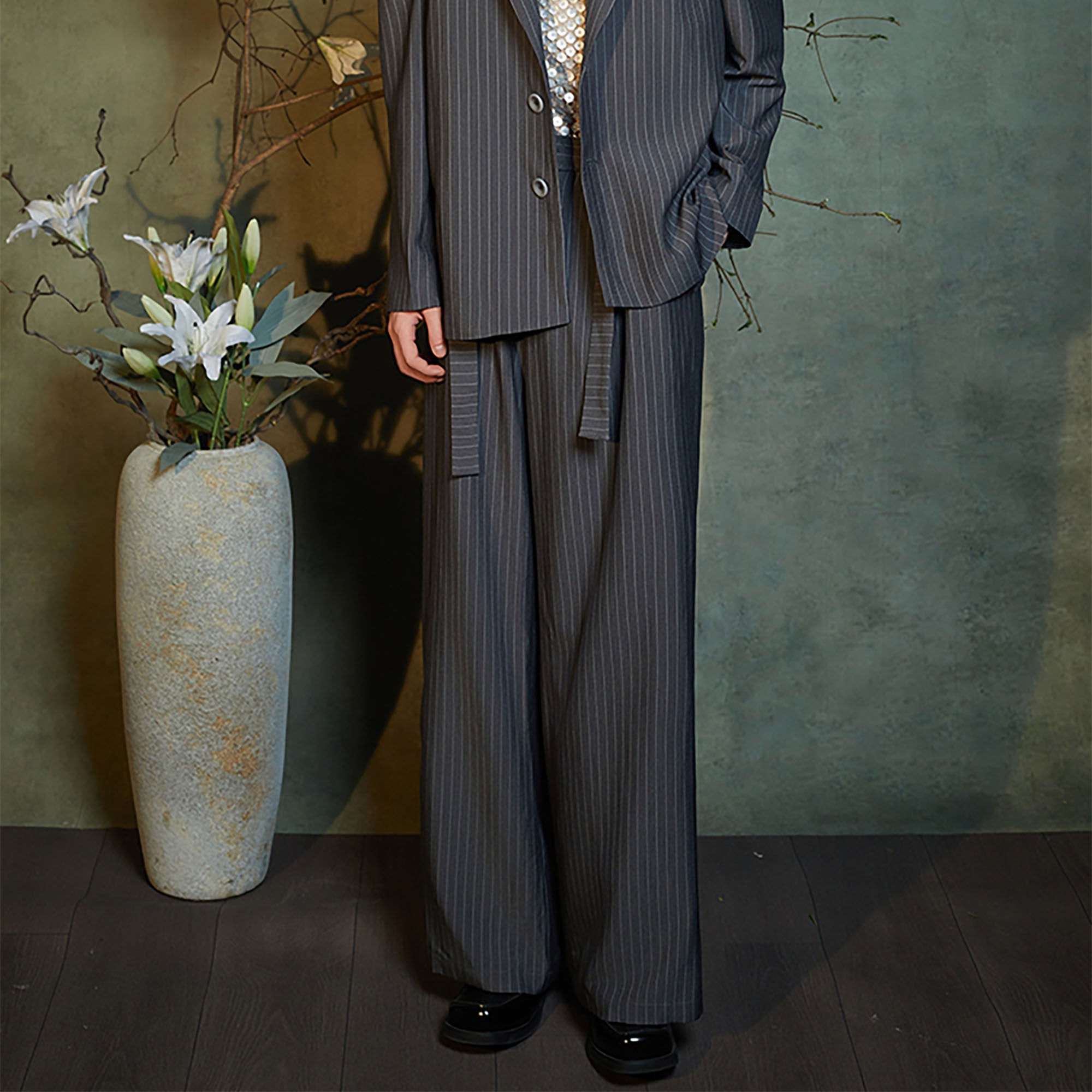 JIECHI Pinstriped Pleats Straight-Leg Trousers, premium urban and streetwear designers apparel on PROJECTISR.com, JIECHI