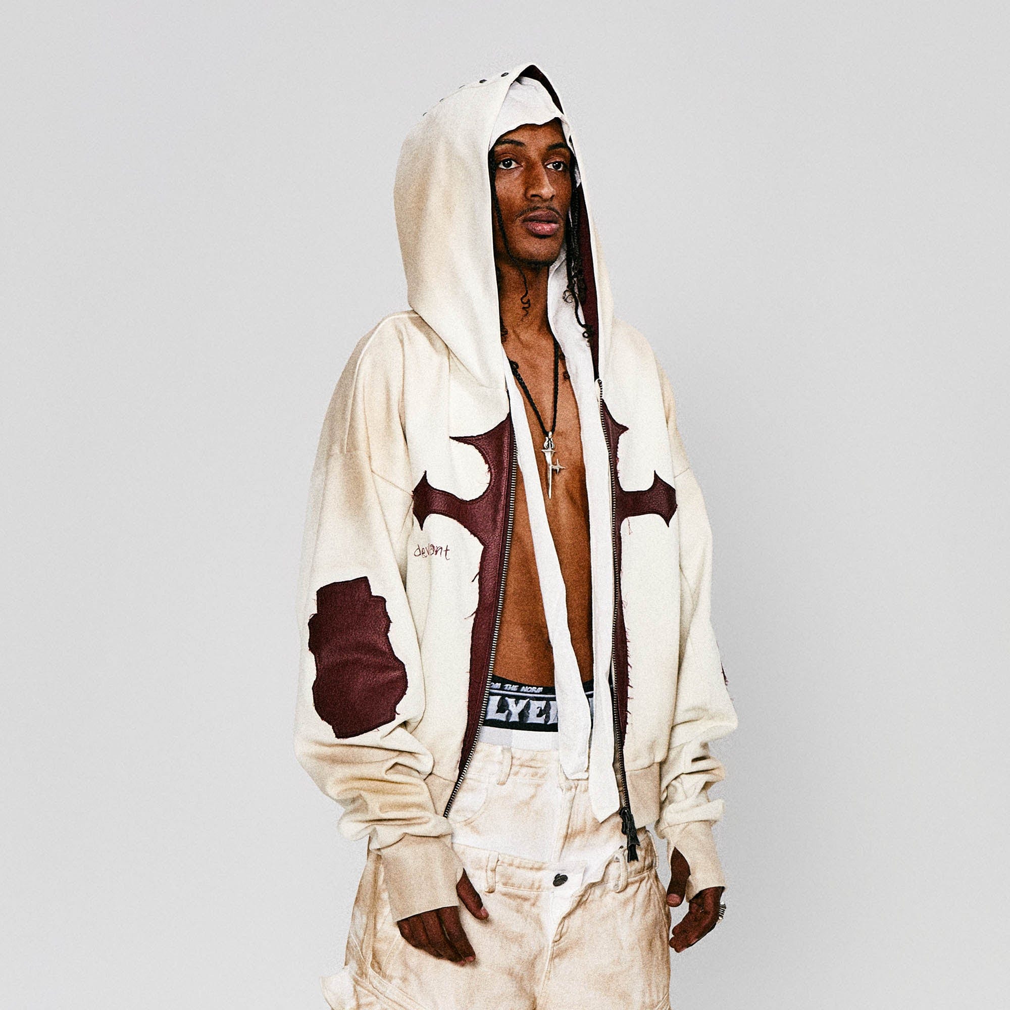 FLYERRER Distressed Cross Patch Studded Hooded Jacket, premium urban and streetwear designers apparel on PROJECTISR.com, FLYERRER