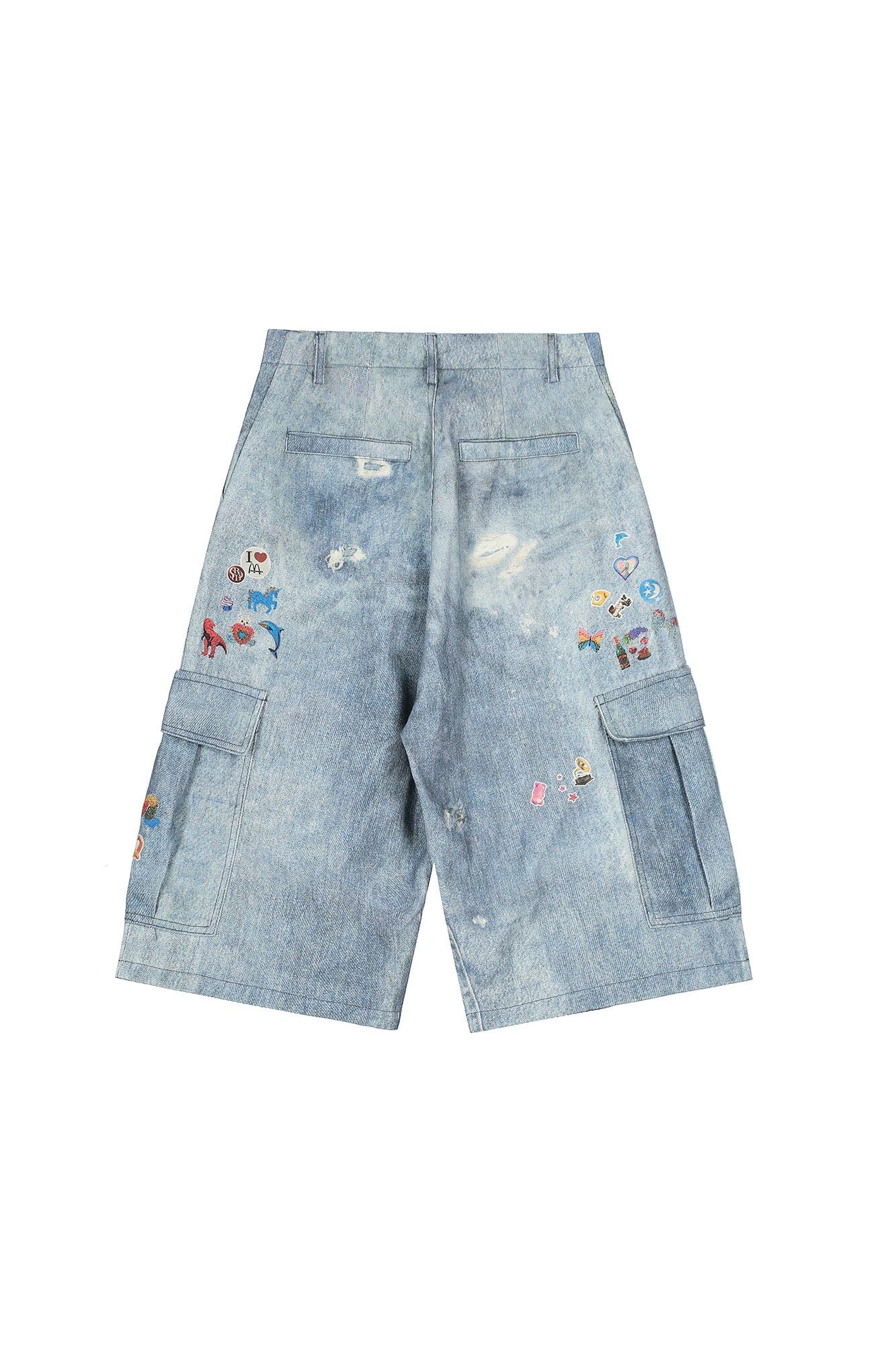 CLP Whimsical Distressed Stickers Cargo Denim Shorts, premium urban and streetwear designers apparel on PROJECTISR.com, CLP