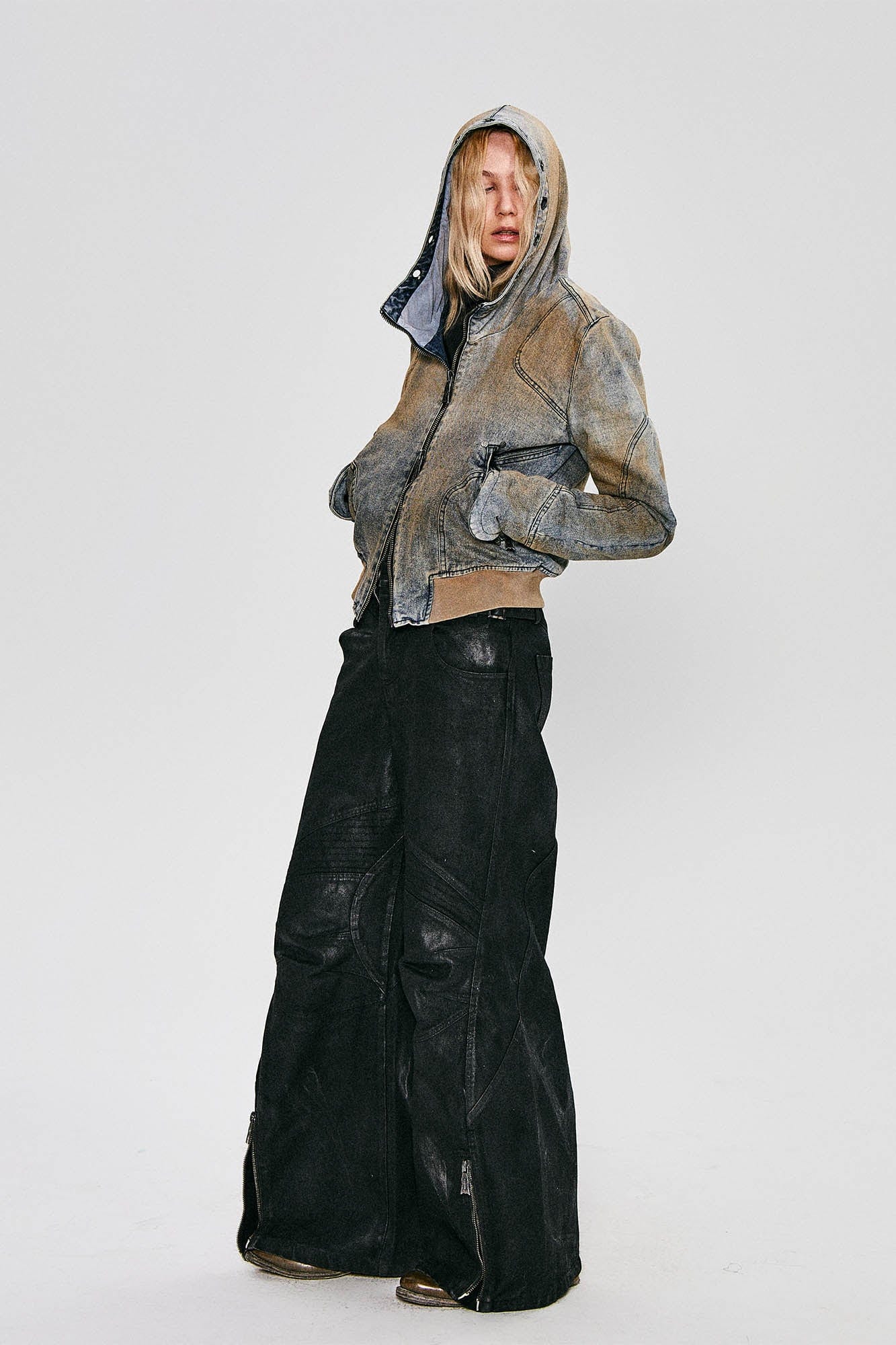 FLYERRER Distressed Spliced Studded Hooded Short Denim Jacket, premium urban and streetwear designers apparel on PROJECTISR.com, FLYERRER