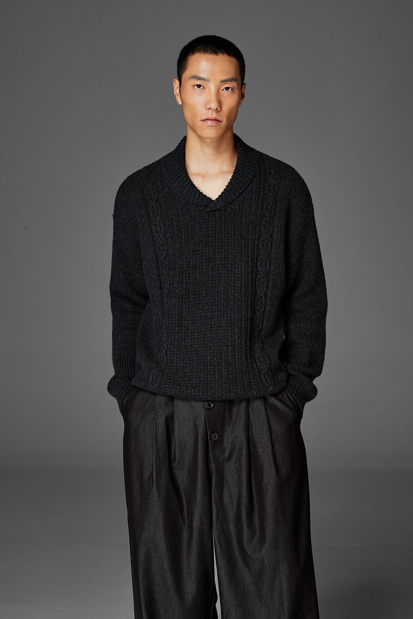 CATSSTAC Wool-Blend Shawl-Collar Cable Knit Sweater
