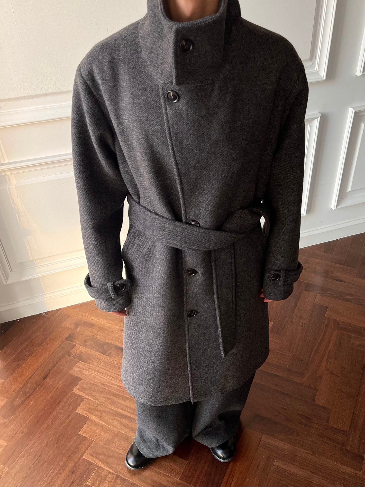 CATSSTAC Asymmetrical Stand-Collar Wool-Blend Belted Coat