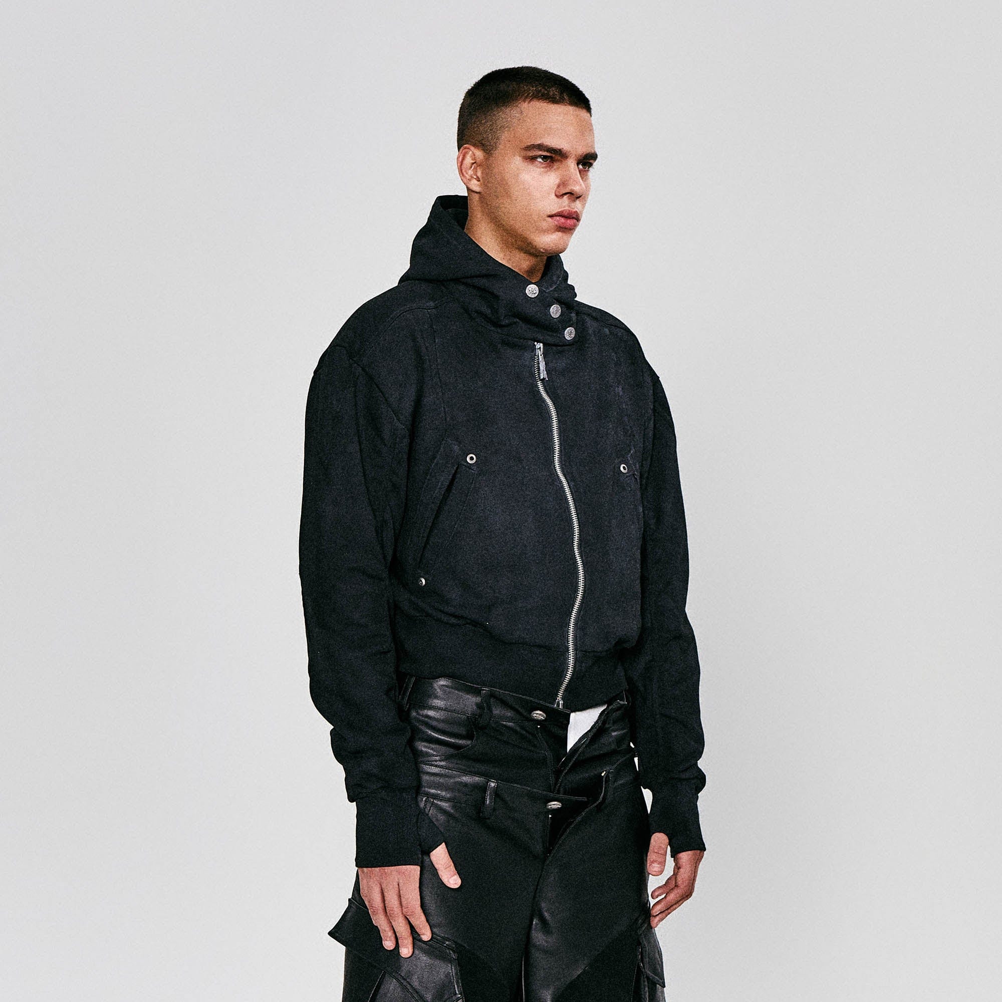 FLYERRER Grommet Spliced Zip-Up Cropped Hoodie, premium urban and streetwear designers apparel on PROJECTISR.com, FLYERRER
