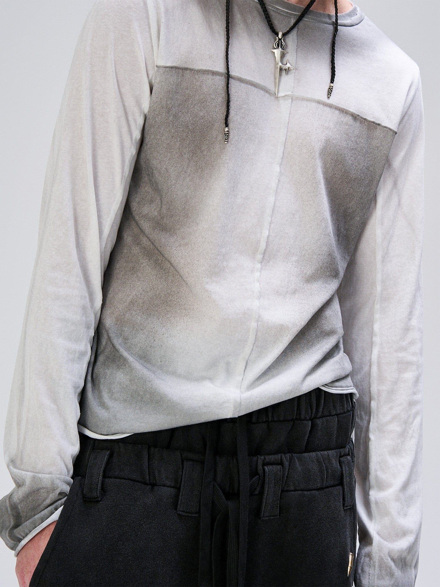 FLYERRER Washed Gradient Cross-Panel Raw-Edge Long-Sleeve Tee, premium urban and streetwear designers apparel on PROJECTISR.com, FLYERRER