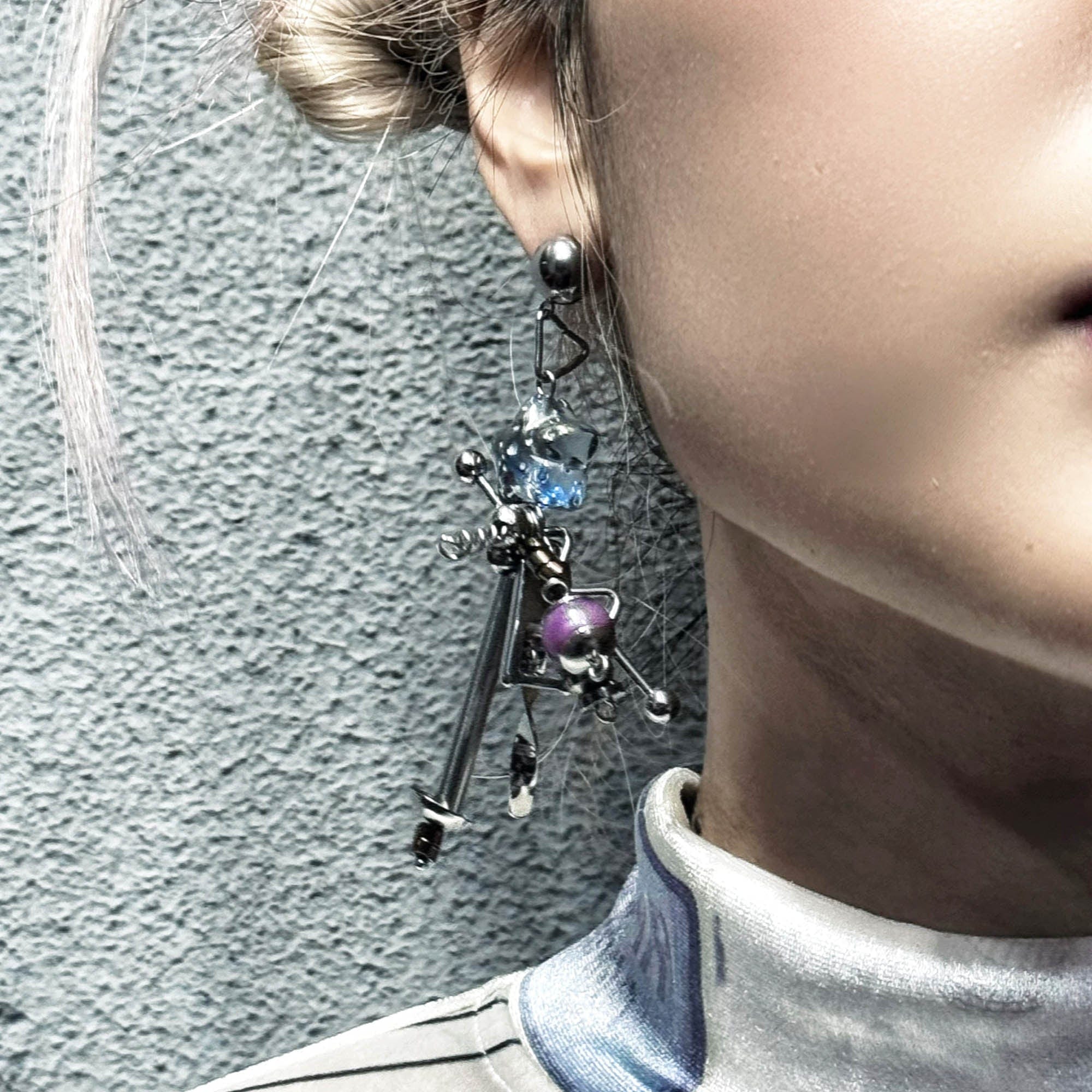 ILLUSORY Space Odyssey Industrial Drop Earrings/ Ear Clip Purple, premium urban and streetwear designers apparel on PROJECTISR.com, ILLUSORY