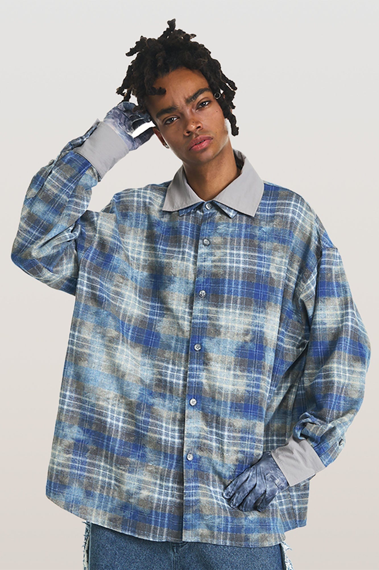 RELABEL Washed Plaid Tie-Dye Contrast-Collar Shirt, premium urban and streetwear designers apparel on PROJECTISR.com, RELABEL