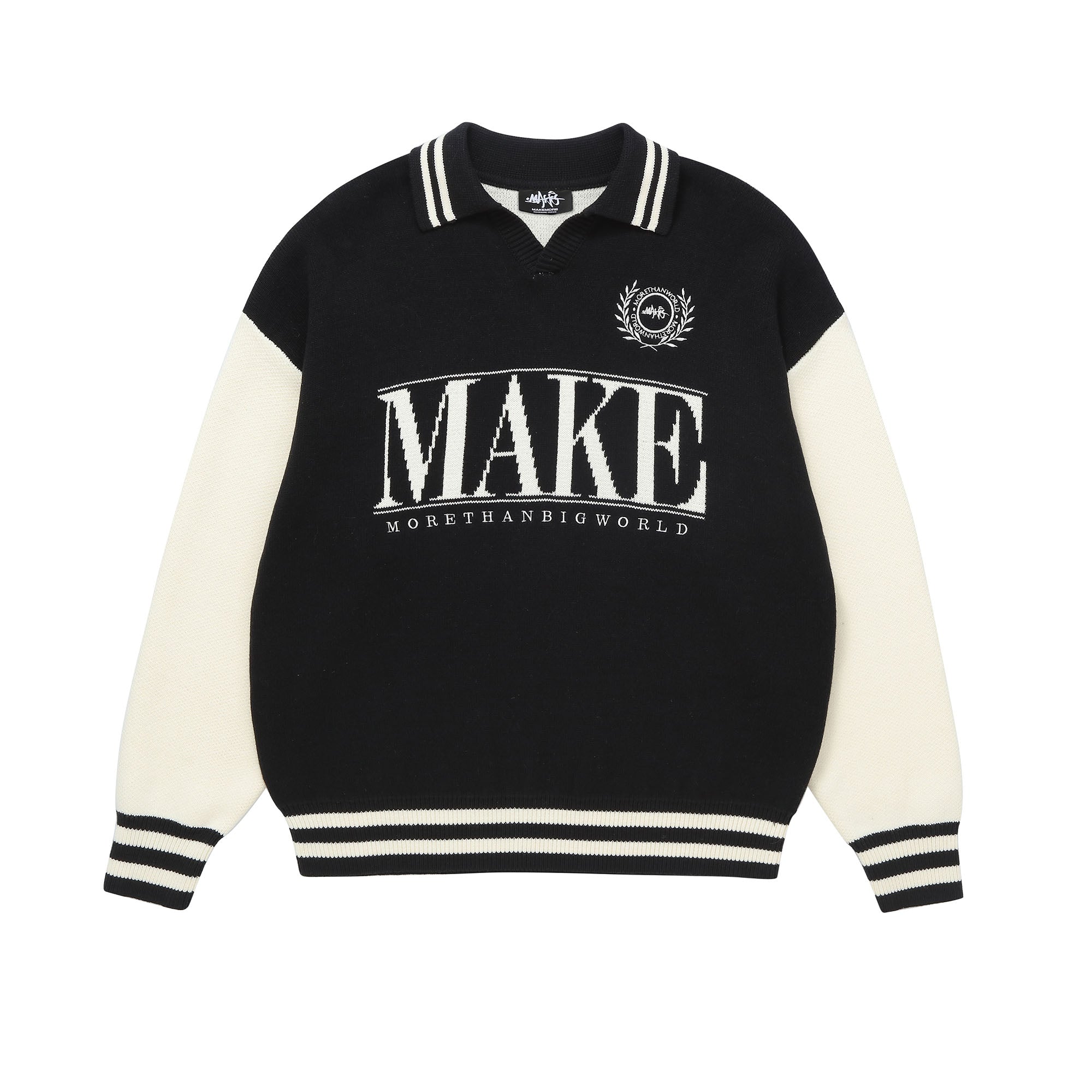 MAKEMORE Varsity Polo Collar Embroidered Badge Sweater