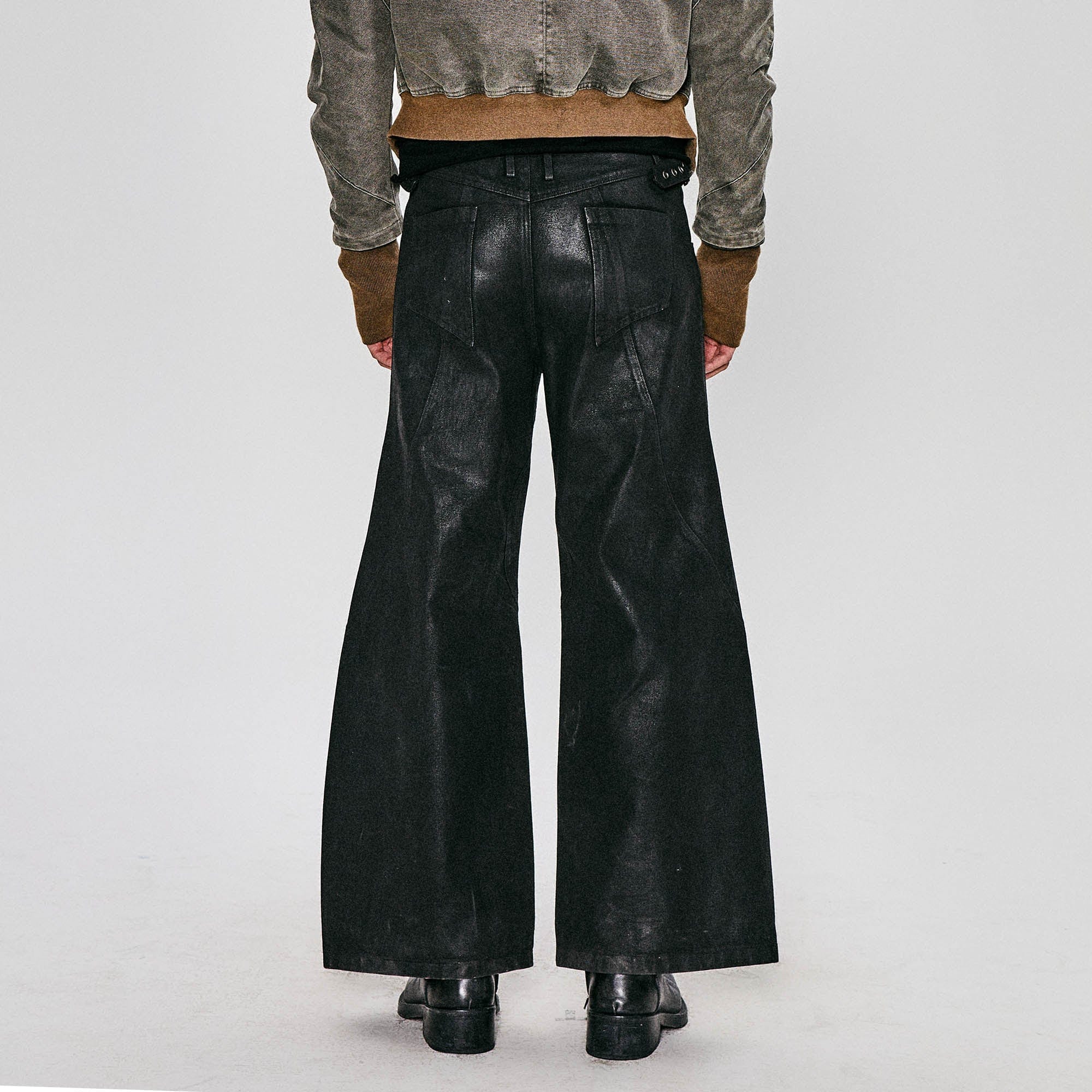 FLYERRER Waxed Deconstructed-Knee Zip-Hem Flared Pants, premium urban and streetwear designers apparel on PROJECTISR.com, FLYERRER