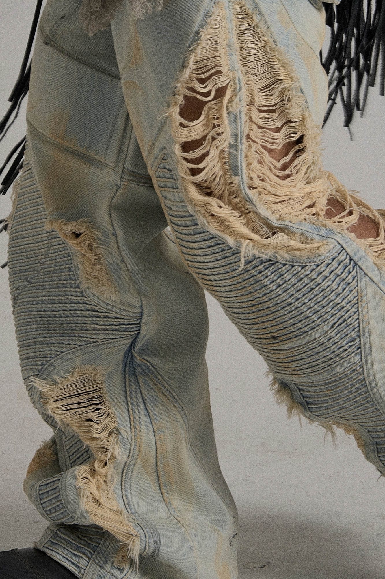 FLYERRER Paneled Heavily Ripped Fringe Jeans, premium urban and streetwear designers apparel on PROJECTISR.com, FLYERRER