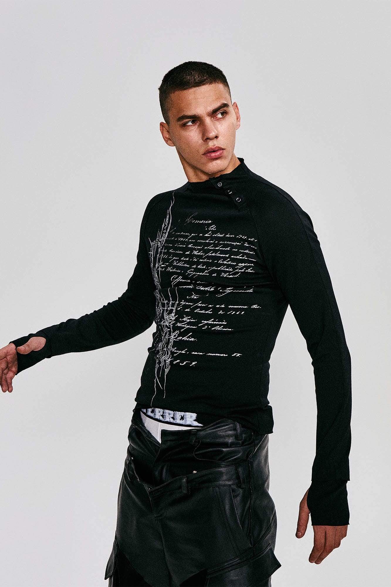 FLYERRER Gothic Script Graphic Asymmetrical Button Long-Sleeve Tee, premium urban and streetwear designers apparel on PROJECTISR.com, FLYERRER