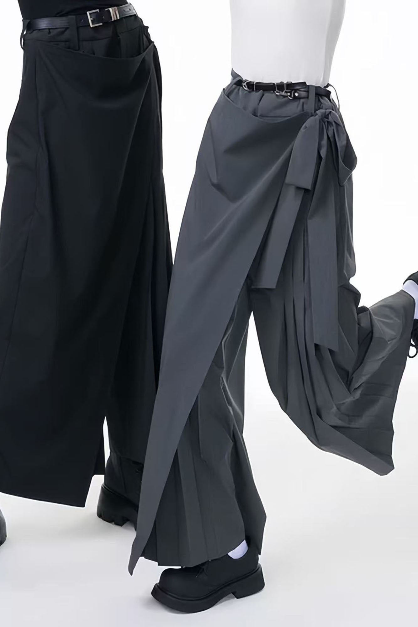 TUIMU Asymmetrical Wrap Pleated Wide-Leg Trousers, premium urban and streetwear designers apparel on PROJECTISR.com, TUIMU