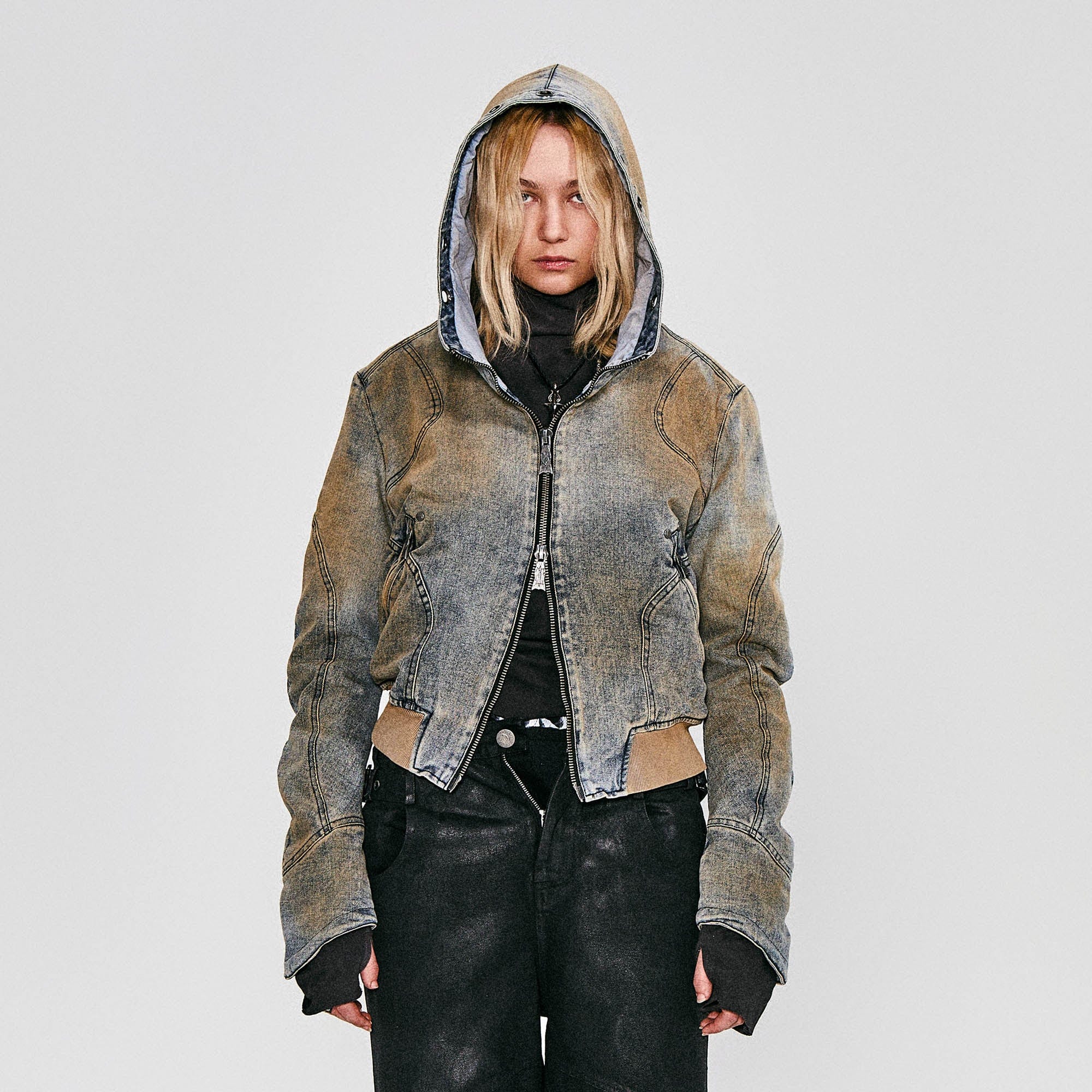 FLYERRER Distressed Spliced Studded Hooded Short Denim Jacket, premium urban and streetwear designers apparel on PROJECTISR.com, FLYERRER