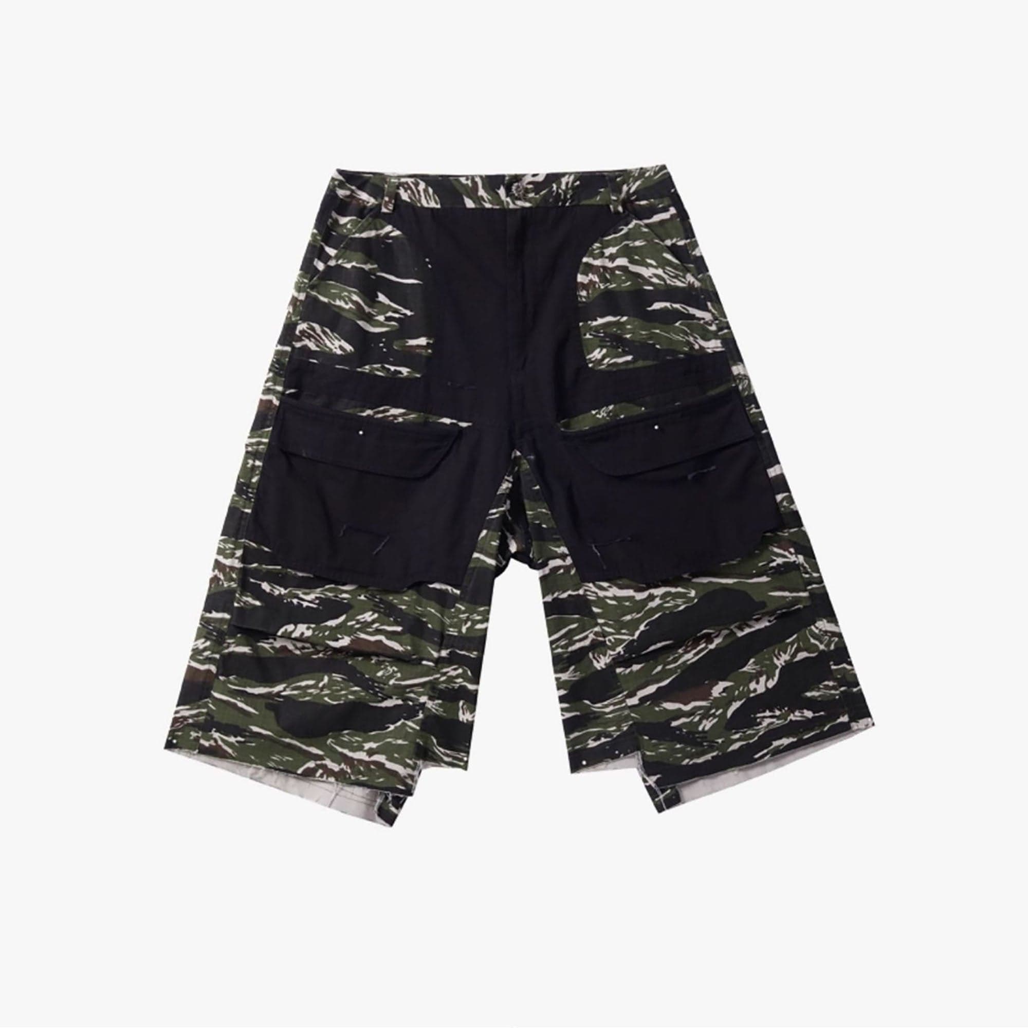 ERROR CODE ROBOT Washed Paneled Frayed-Hem Camo Cargo Shorts, premium urban and streetwear designers apparel on PROJECTISR.com, ERROR CODE ROBOT