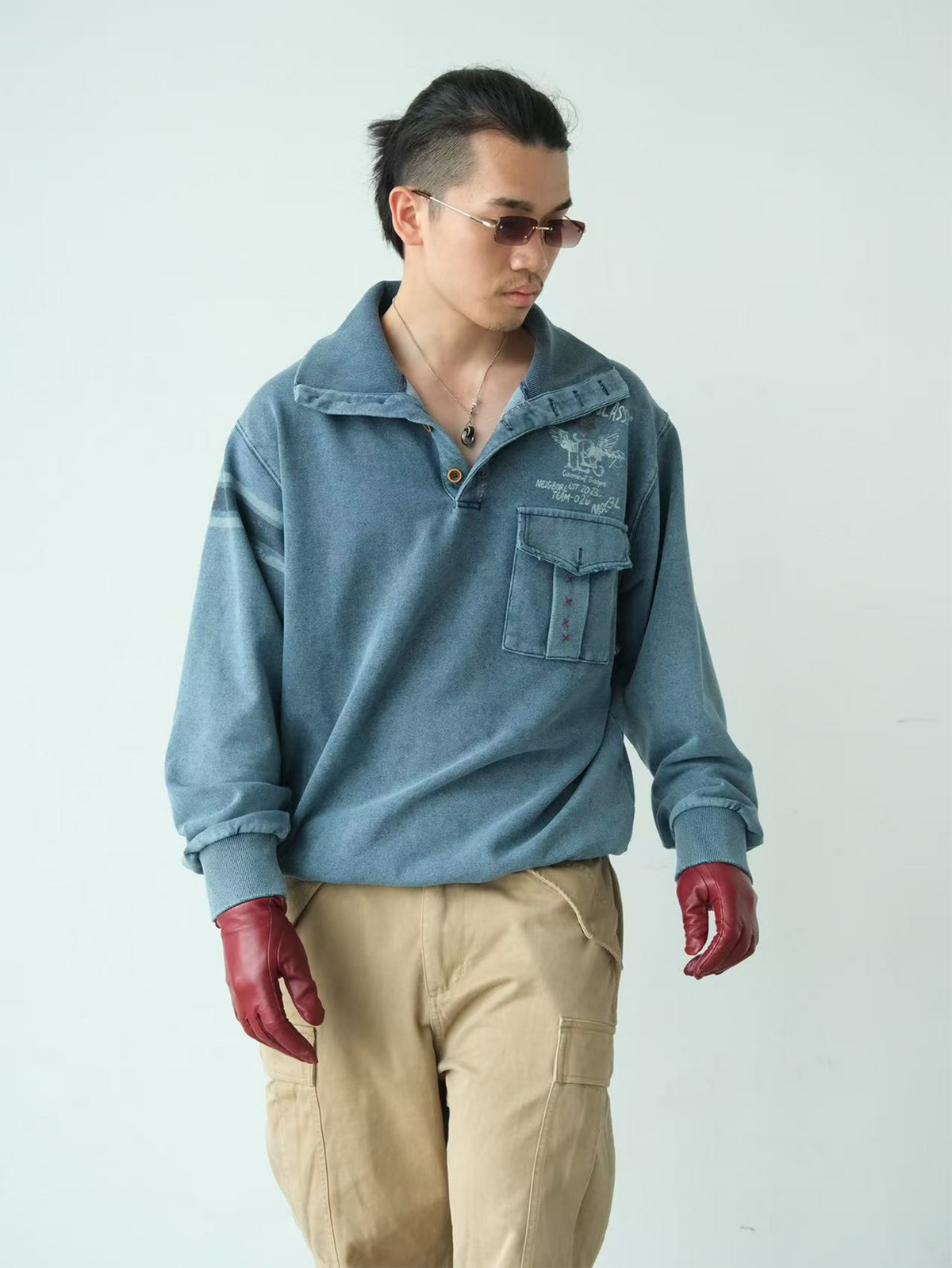 NEIGBORL Retro Graphic Washed Stand-Collar Sweatshirt