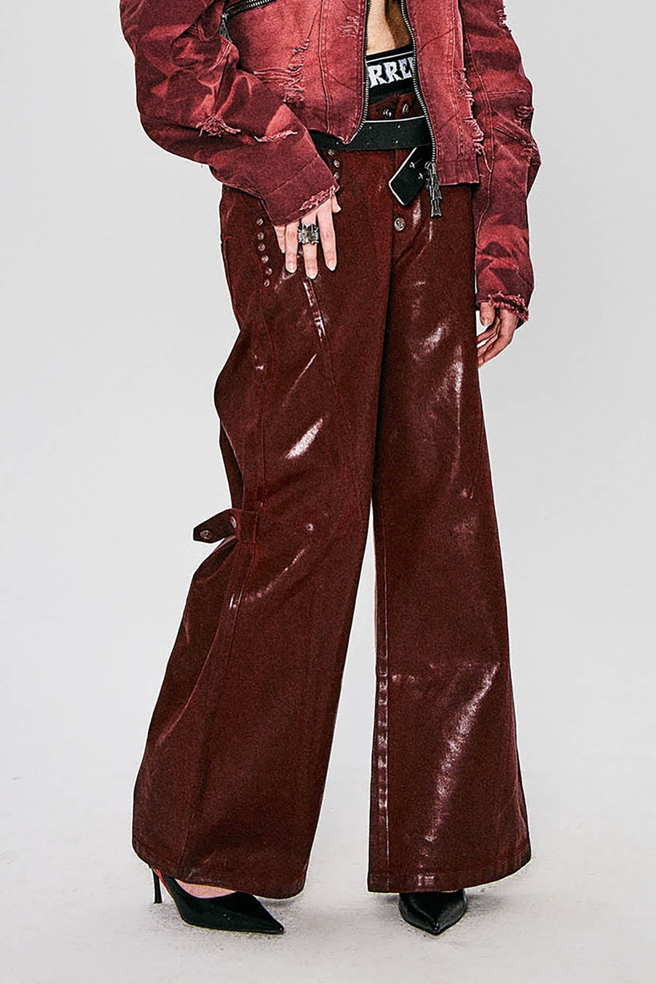 FLYERRER Waxed Spliced Studded Flared Pants, premium urban and streetwear designers apparel on PROJECTISR.com, FLYERRER