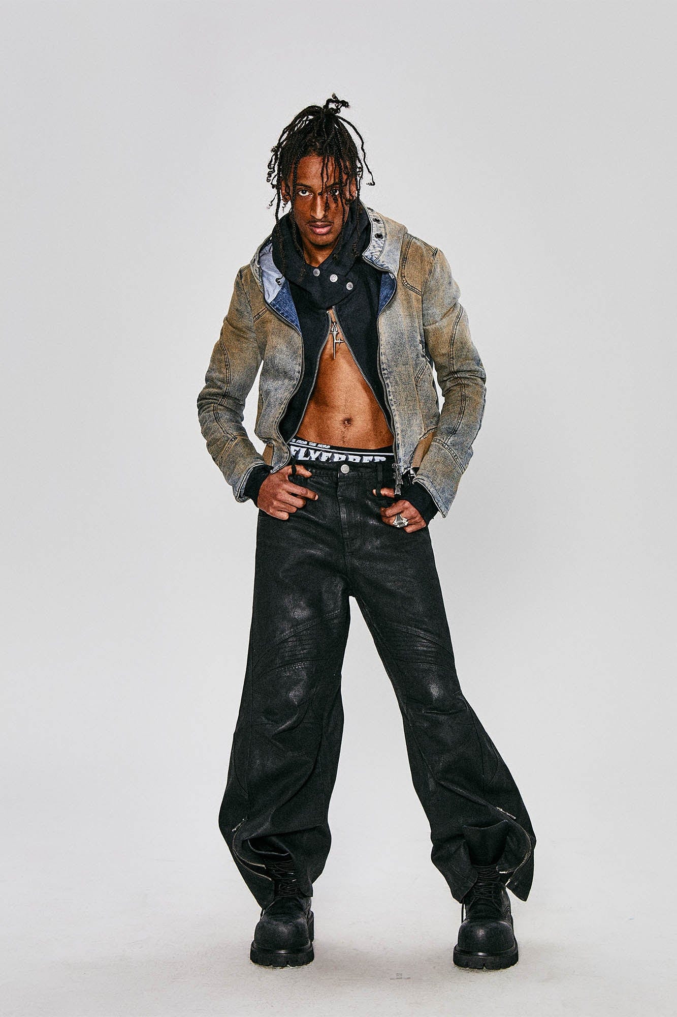 FLYERRER Distressed Spliced Studded Hooded Short Denim Jacket, premium urban and streetwear designers apparel on PROJECTISR.com, FLYERRER