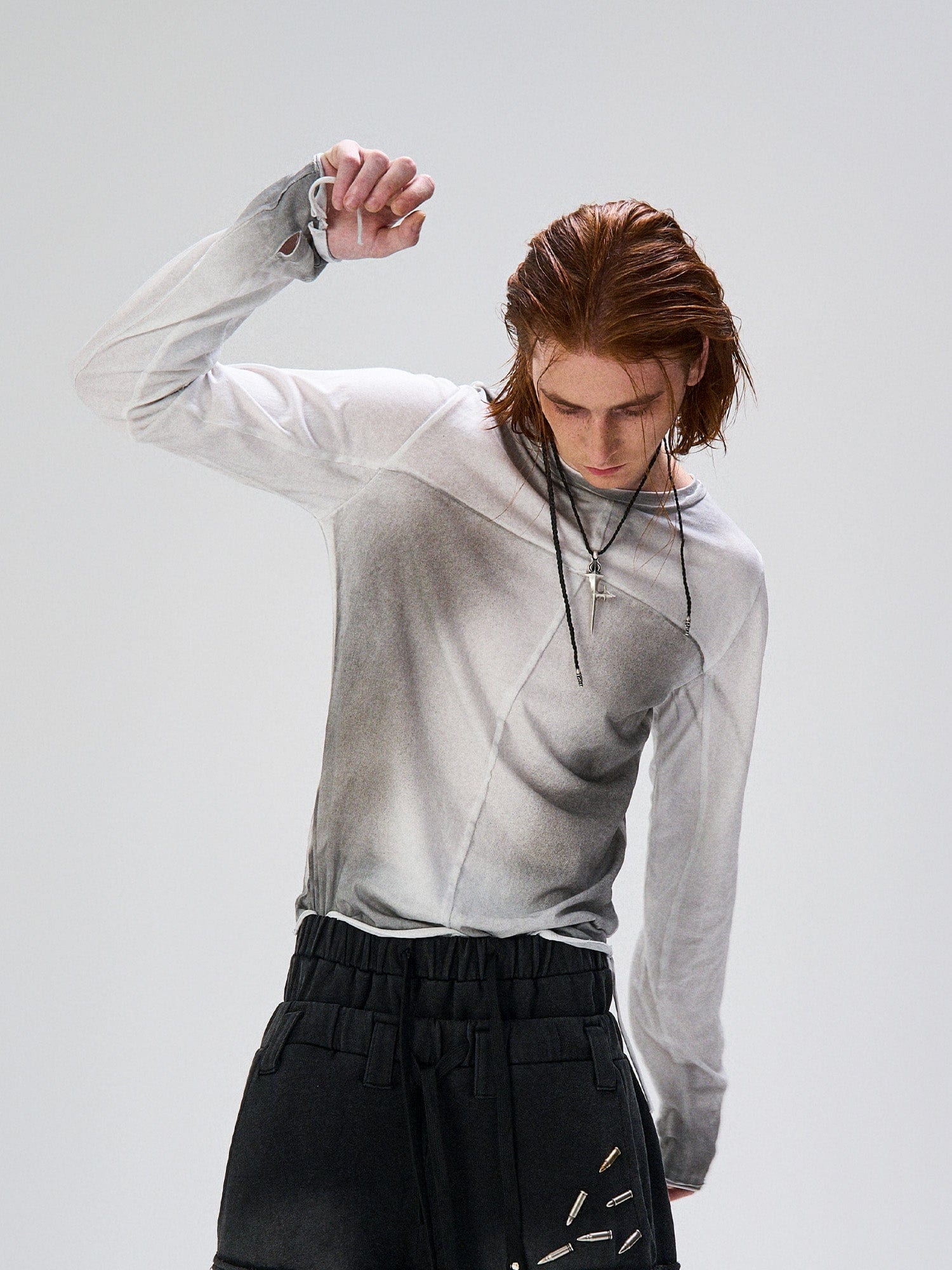 FLYERRER Washed Gradient Cross-Panel Raw-Edge Long-Sleeve Tee, premium urban and streetwear designers apparel on PROJECTISR.com, FLYERRER