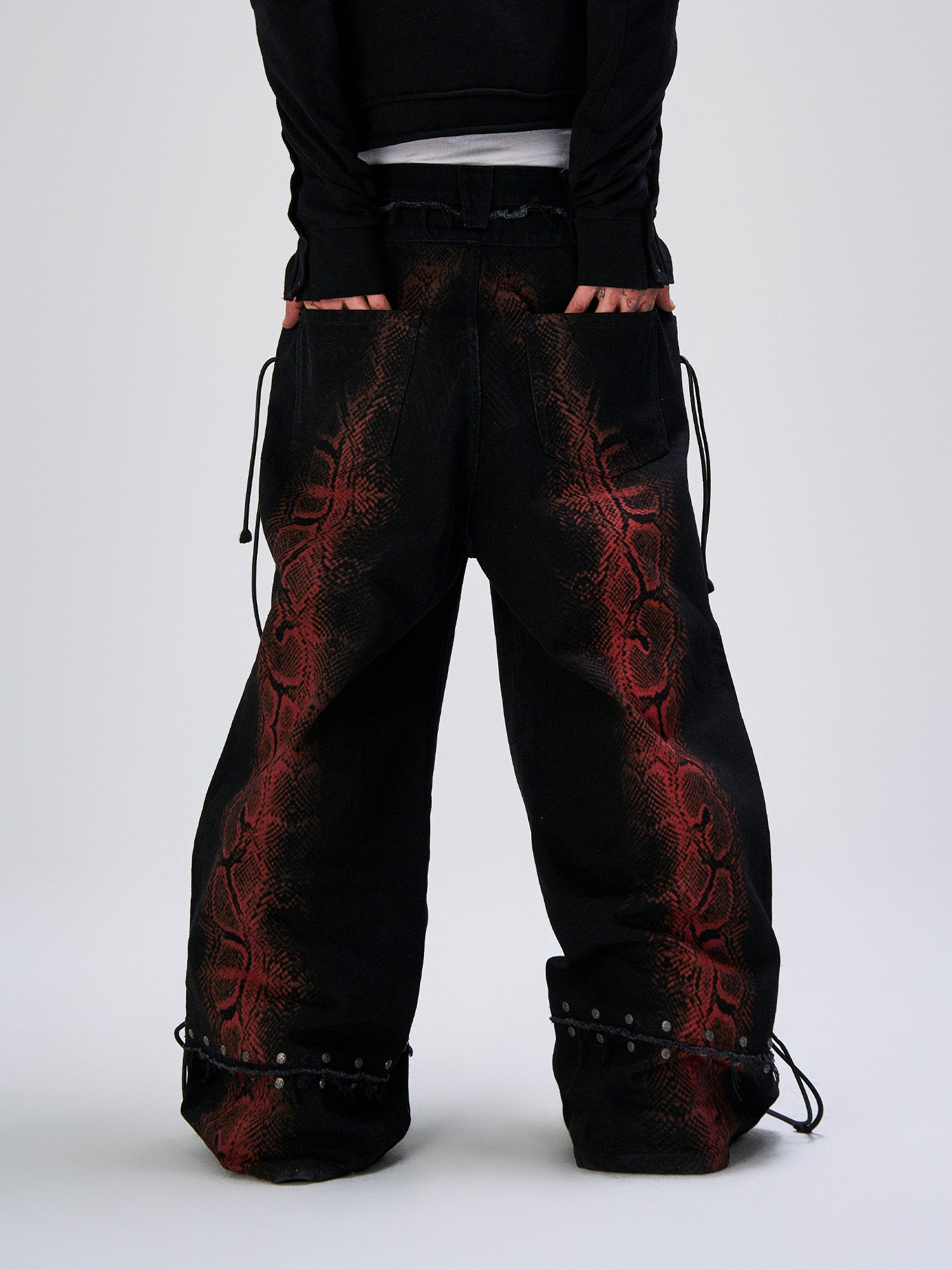FLYERRER Washed Contrast Snakeskin Drawcord Wide-Leg Jeans, premium urban and streetwear designers apparel on PROJECTISR.com, FLYERRER