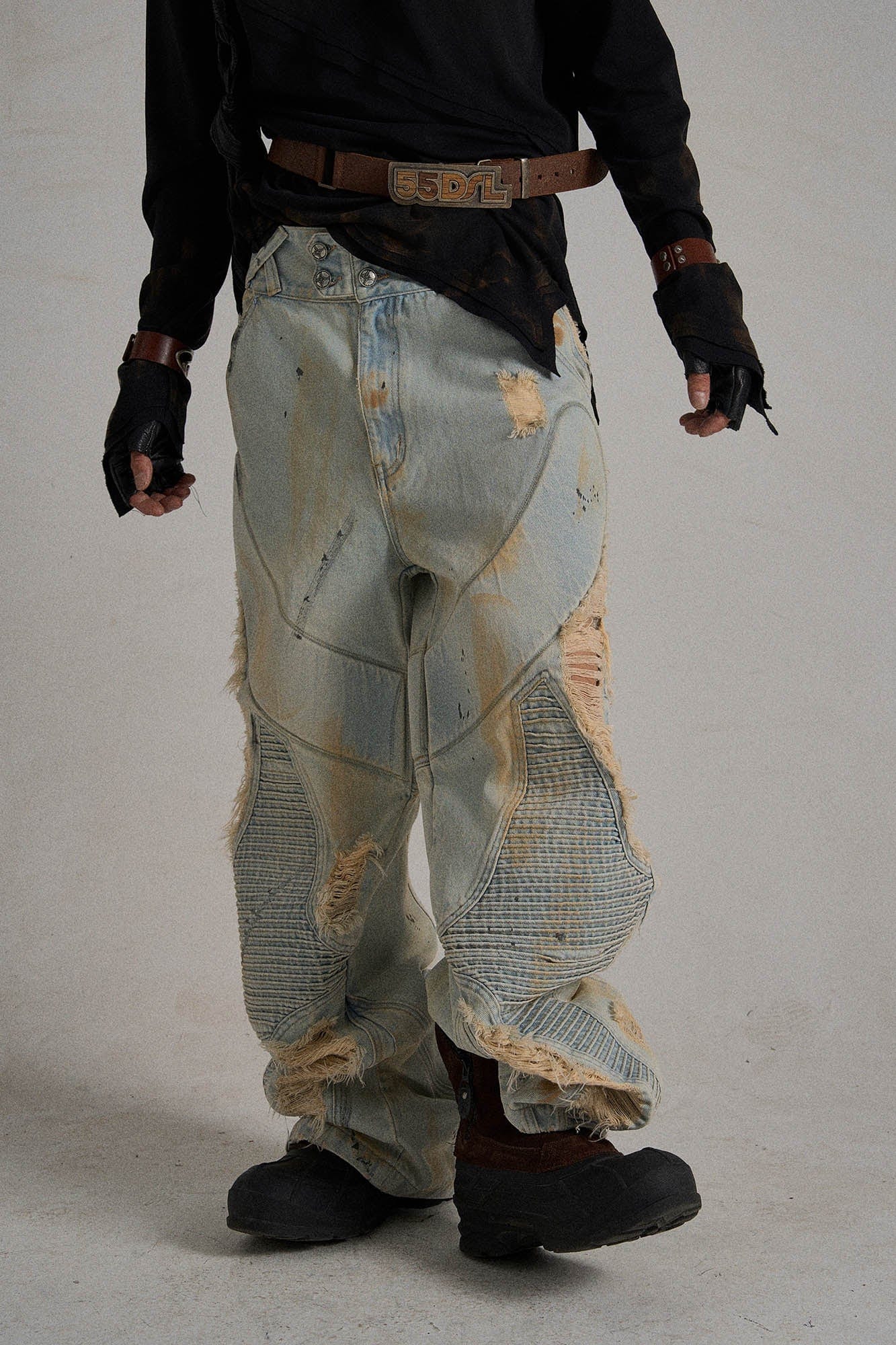 FLYERRER Paneled Heavily Ripped Fringe Jeans, premium urban and streetwear designers apparel on PROJECTISR.com, FLYERRER