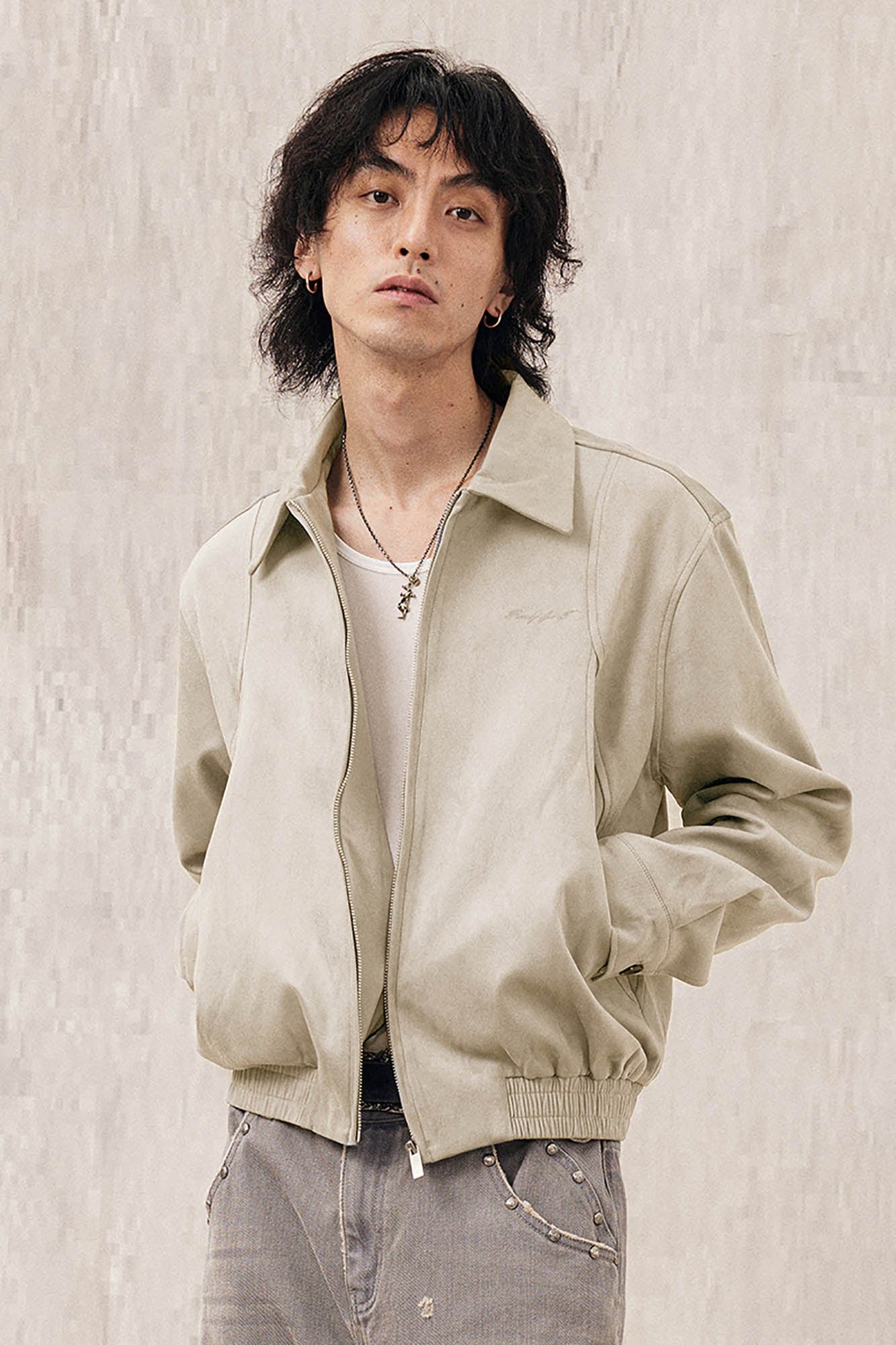 IN EXISTENCE Curved Spliced Smooth Harrington Jacket, premium urban and streetwear designers apparel on PROJECTISR.com, IN EXISTENCE