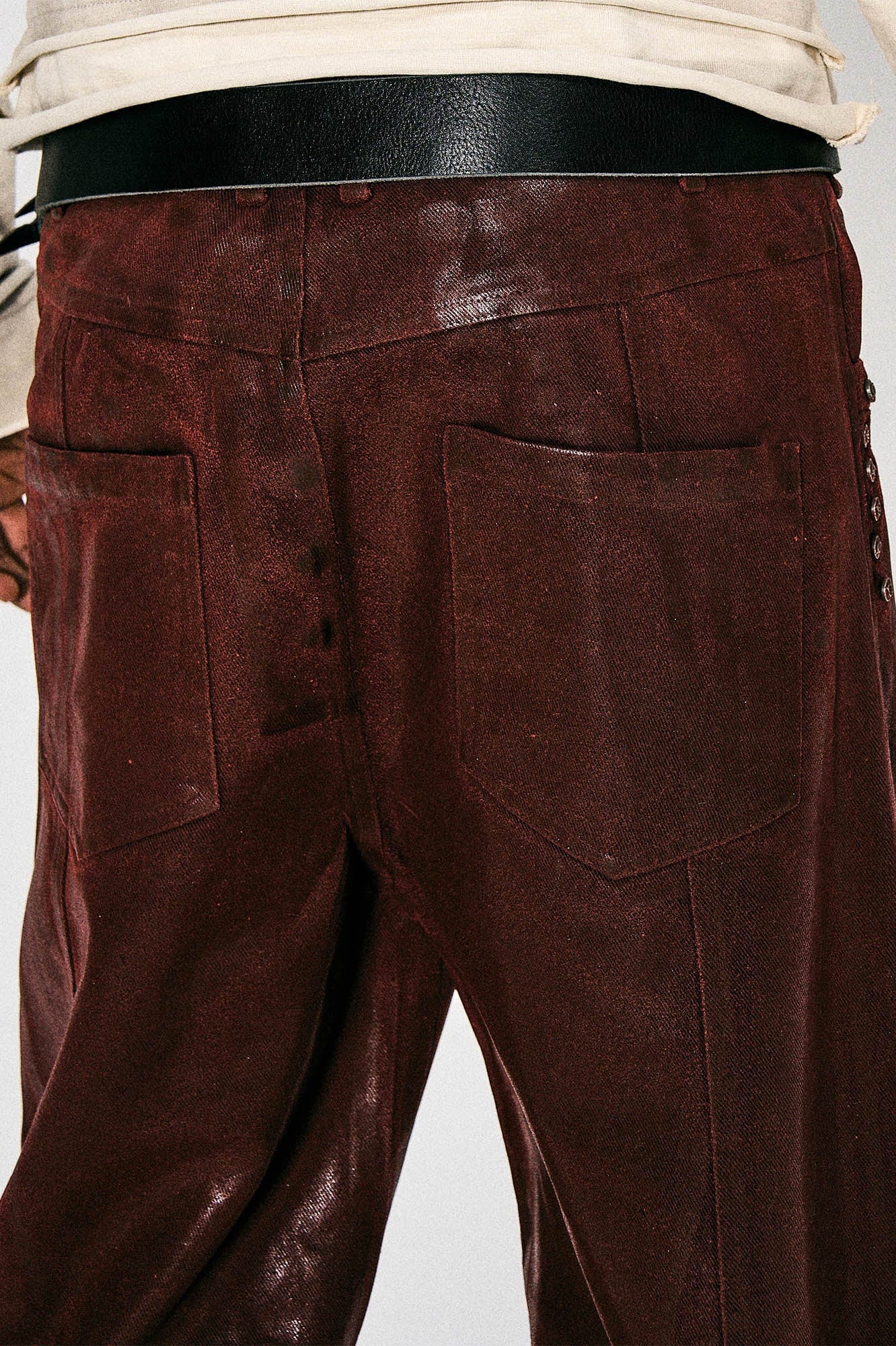 FLYERRER Waxed Spliced Studded Flared Pants, premium urban and streetwear designers apparel on PROJECTISR.com, FLYERRER