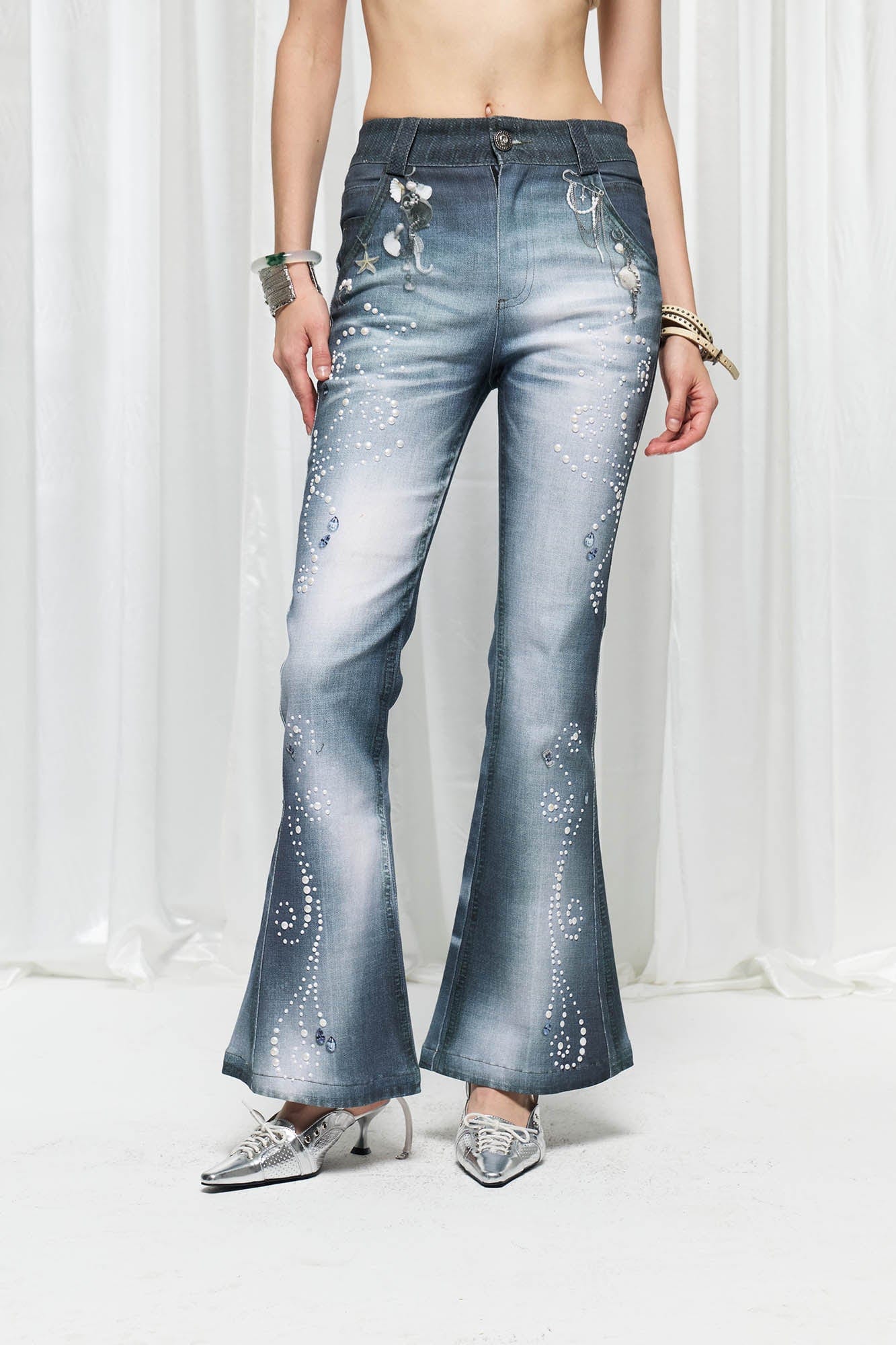 DND4DES×Faychui Swirl Pearl Faded Flared Jeans, premium urban and streetwear designers apparel on PROJECTISR.com, DND4DES