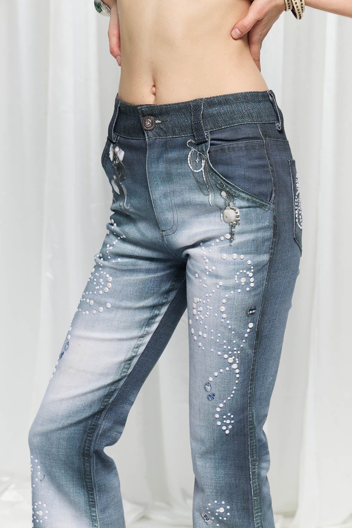 DND4DES×Faychui Swirl Pearl Faded Flared Jeans, premium urban and streetwear designers apparel on PROJECTISR.com, DND4DES