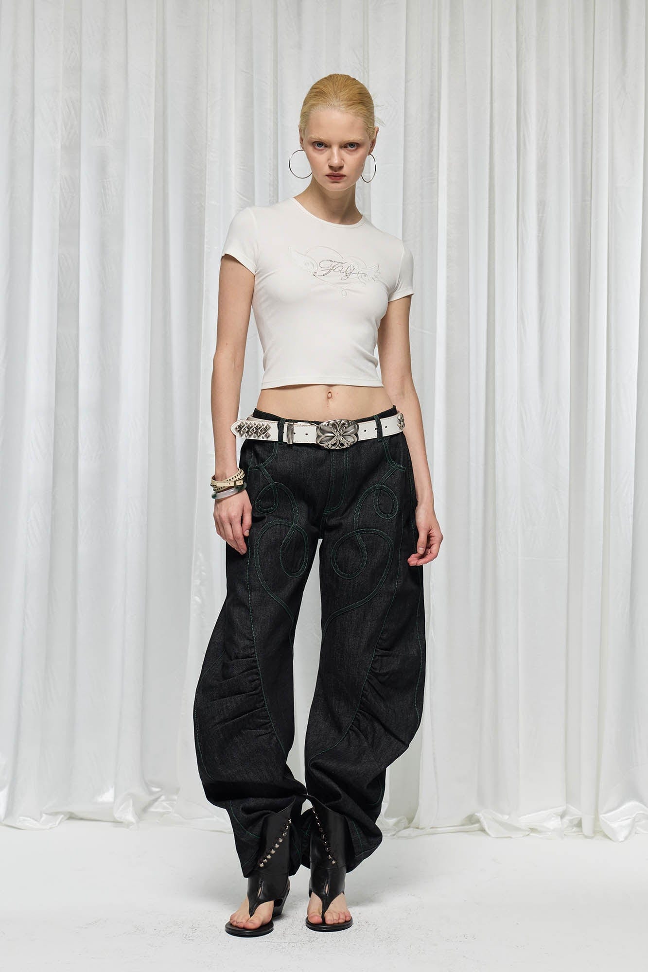 DND4DES×Faychui Spiral Patch Ruched Spliced Curved Jeans, premium urban and streetwear designers apparel on PROJECTISR.com, DND4DES