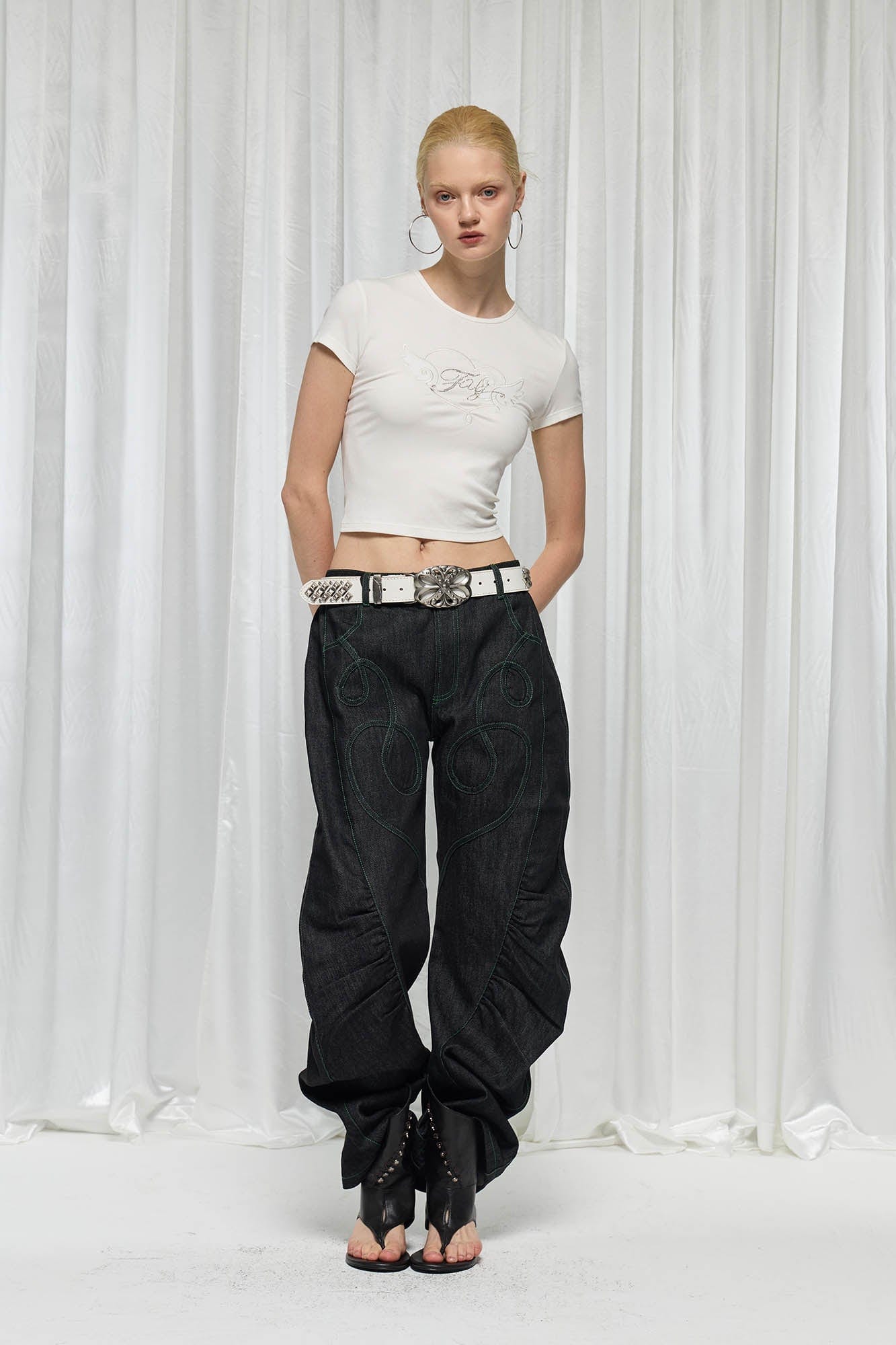 DND4DES×Faychui Spiral Patch Ruched Spliced Curved Jeans, premium urban and streetwear designers apparel on PROJECTISR.com, DND4DES