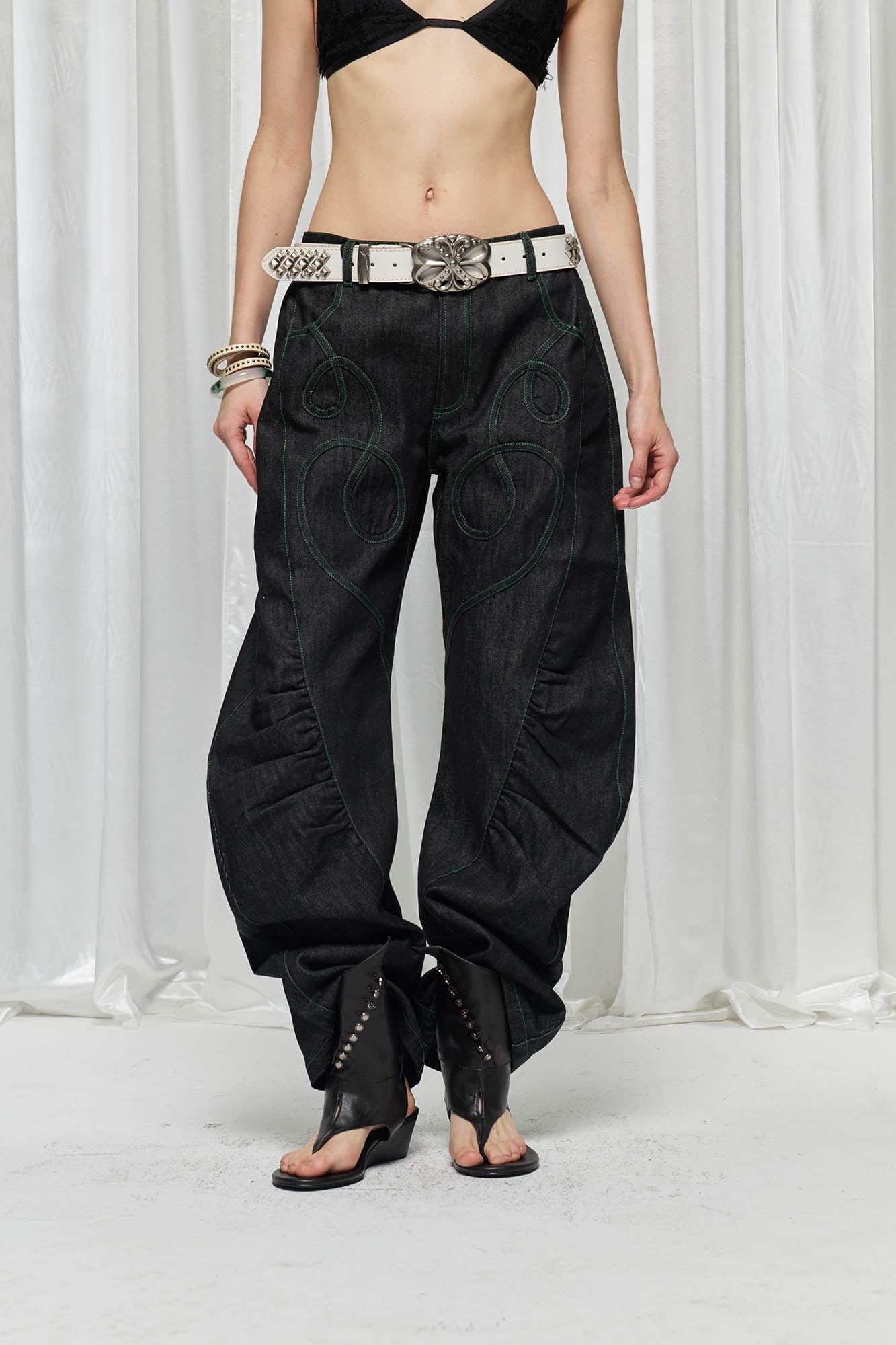 DND4DES×Faychui Spiral Patch Ruched Spliced Curved Jeans, premium urban and streetwear designers apparel on PROJECTISR.com, DND4DES