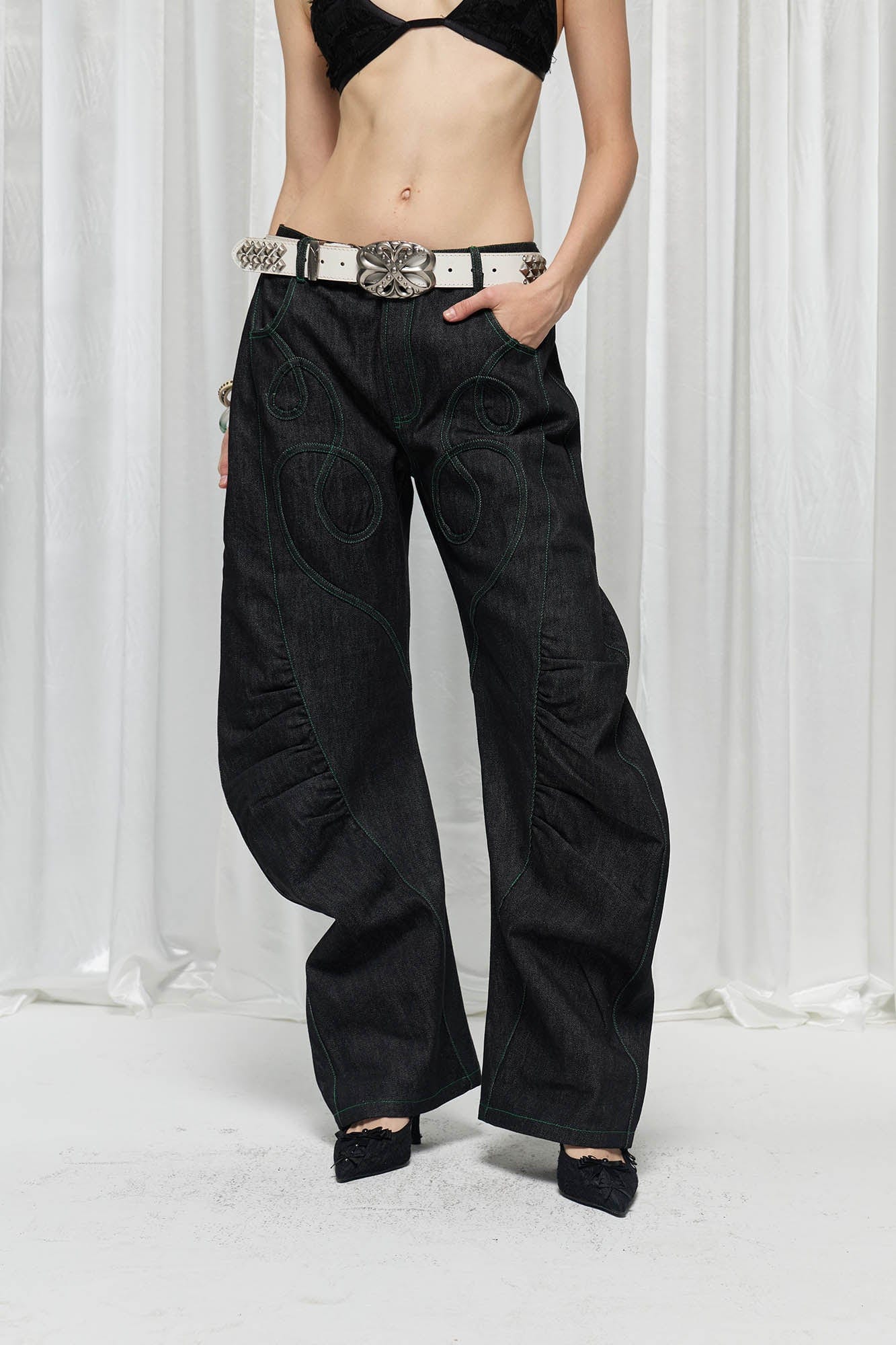 DND4DES×Faychui Spiral Patch Ruched Spliced Curved Jeans, premium urban and streetwear designers apparel on PROJECTISR.com, DND4DES