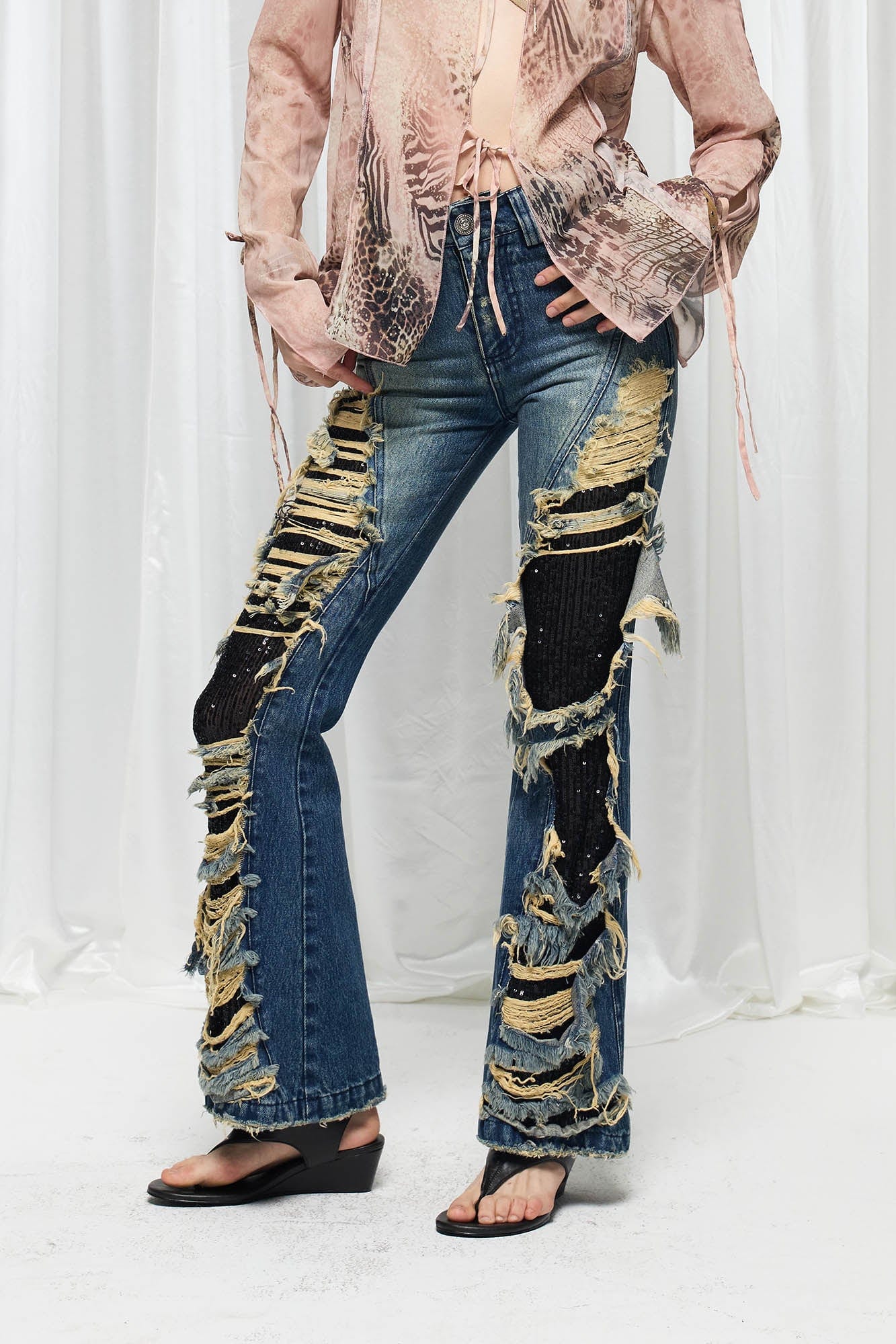 DND4DES×Faychui Grunge Heavy-Distressed Layered Flared Jeans, premium urban and streetwear designers apparel on PROJECTISR.com, DND4DES