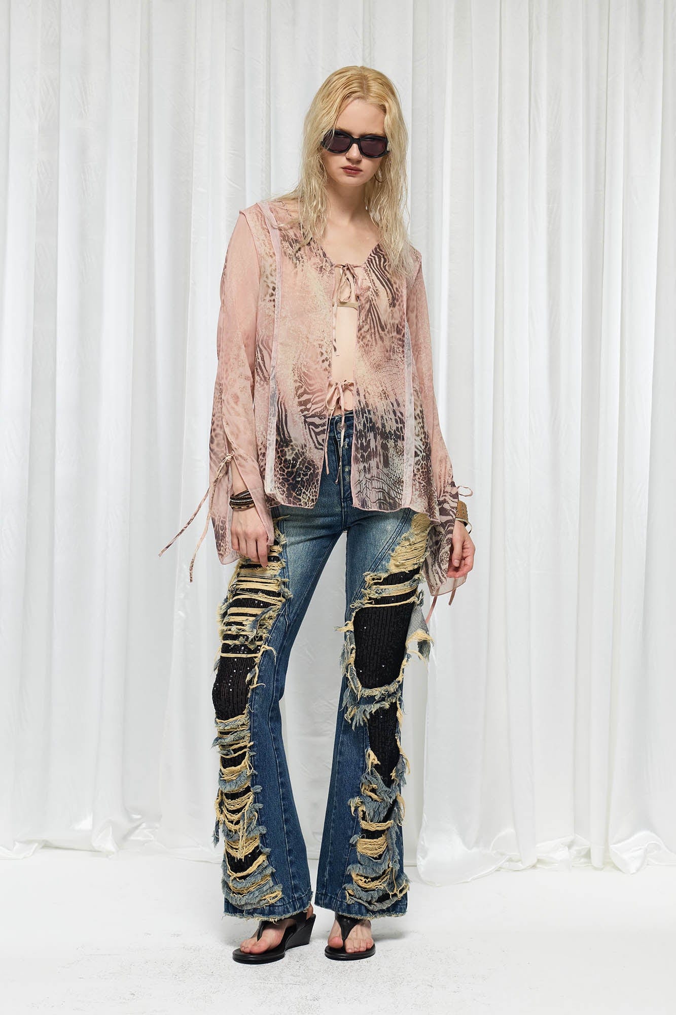 DND4DES×Faychui Grunge Heavy-Distressed Layered Flared Jeans, premium urban and streetwear designers apparel on PROJECTISR.com, DND4DES