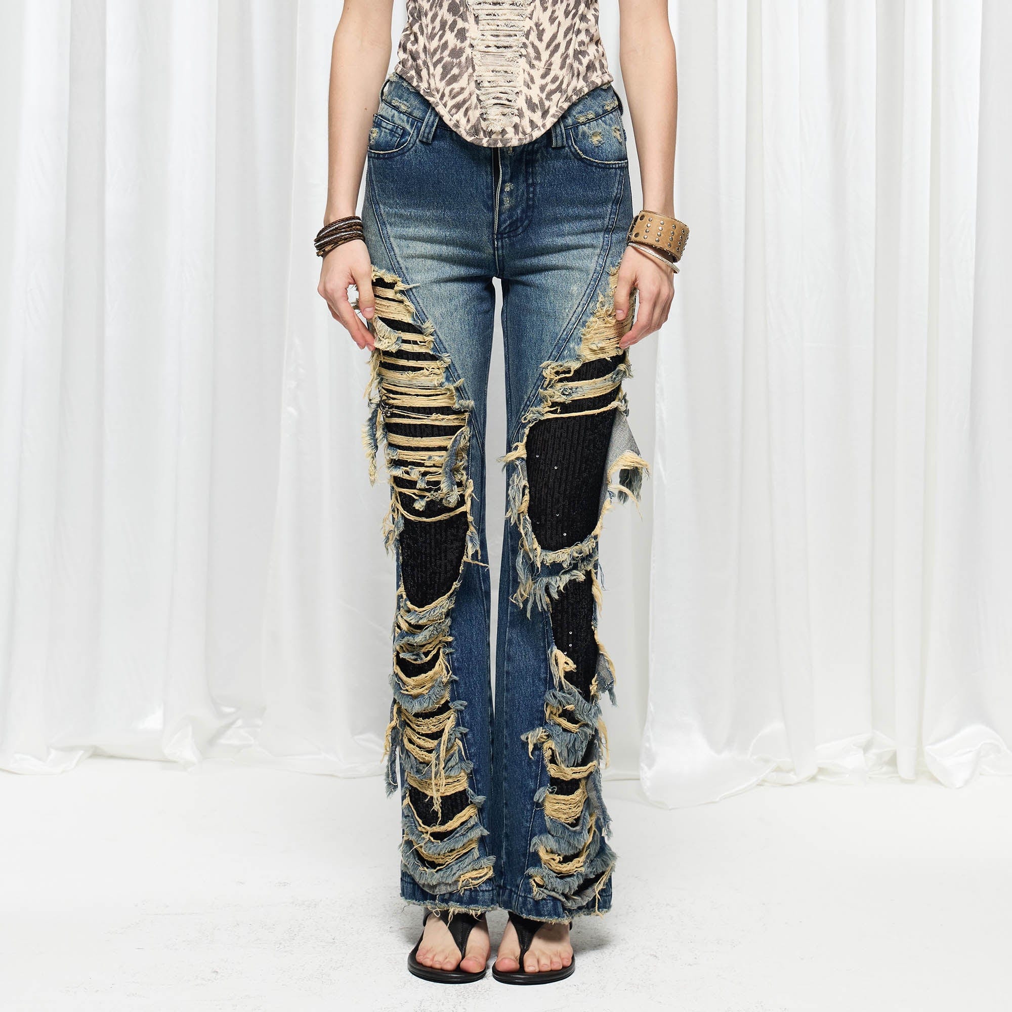 DND4DES×Faychui Grunge Heavy-Distressed Layered Flared Jeans, premium urban and streetwear designers apparel on PROJECTISR.com, DND4DES