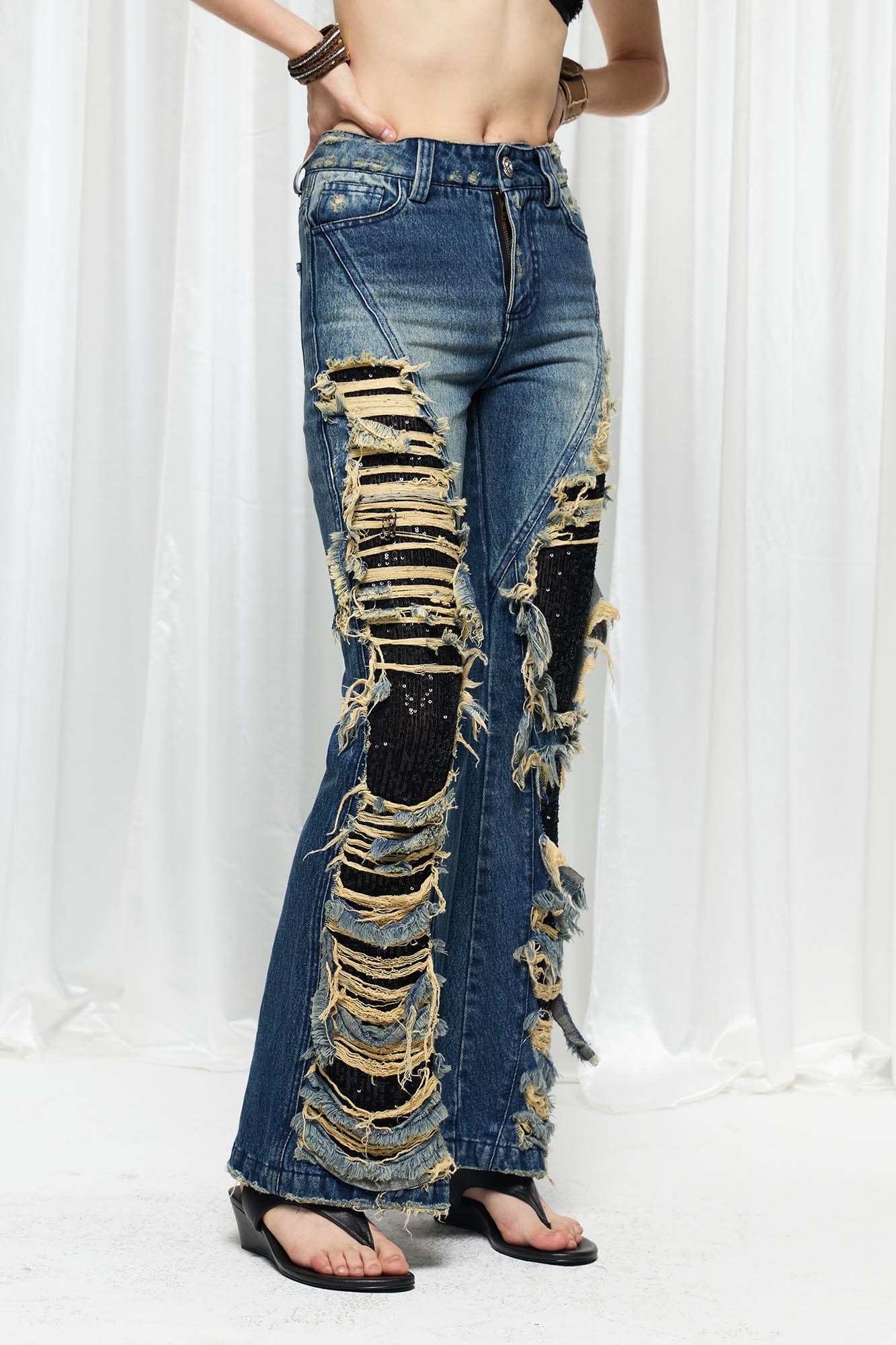 DND4DES×Faychui Grunge Heavy-Distressed Layered Flared Jeans, premium urban and streetwear designers apparel on PROJECTISR.com, DND4DES