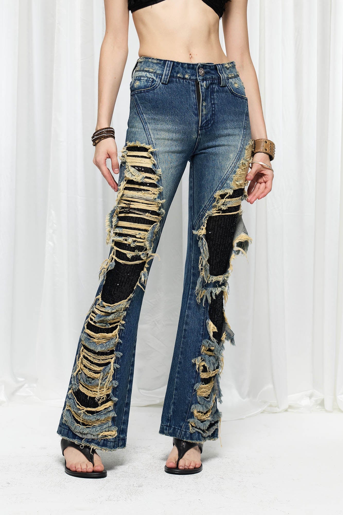 DND4DES×Faychui Grunge Heavy-Distressed Layered Flared Jeans, premium urban and streetwear designers apparel on PROJECTISR.com, DND4DES