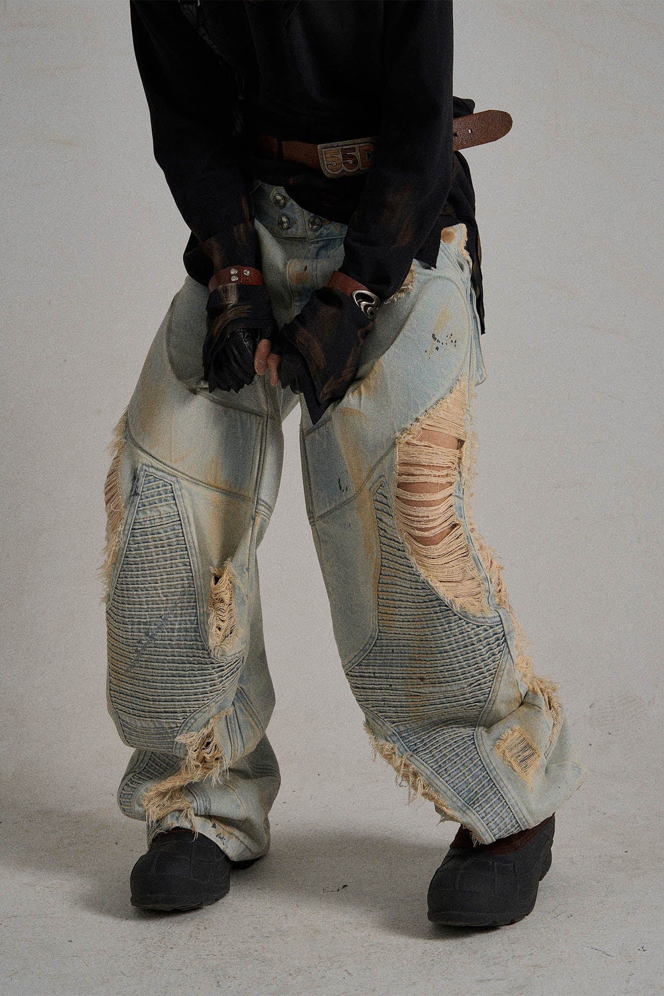 FLYERRER Paneled Heavily Ripped Fringe Jeans, premium urban and streetwear designers apparel on PROJECTISR.com, FLYERRER