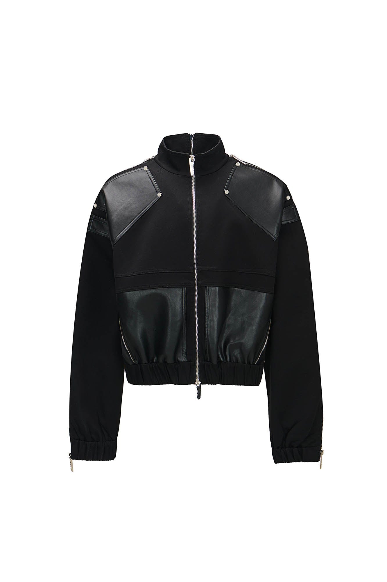 455EMBLE Faux Leather Spliced Multi-Zip Stand Collar Jacket, premium urban and streetwear designers apparel on PROJECTISR.com, 455EMBLE